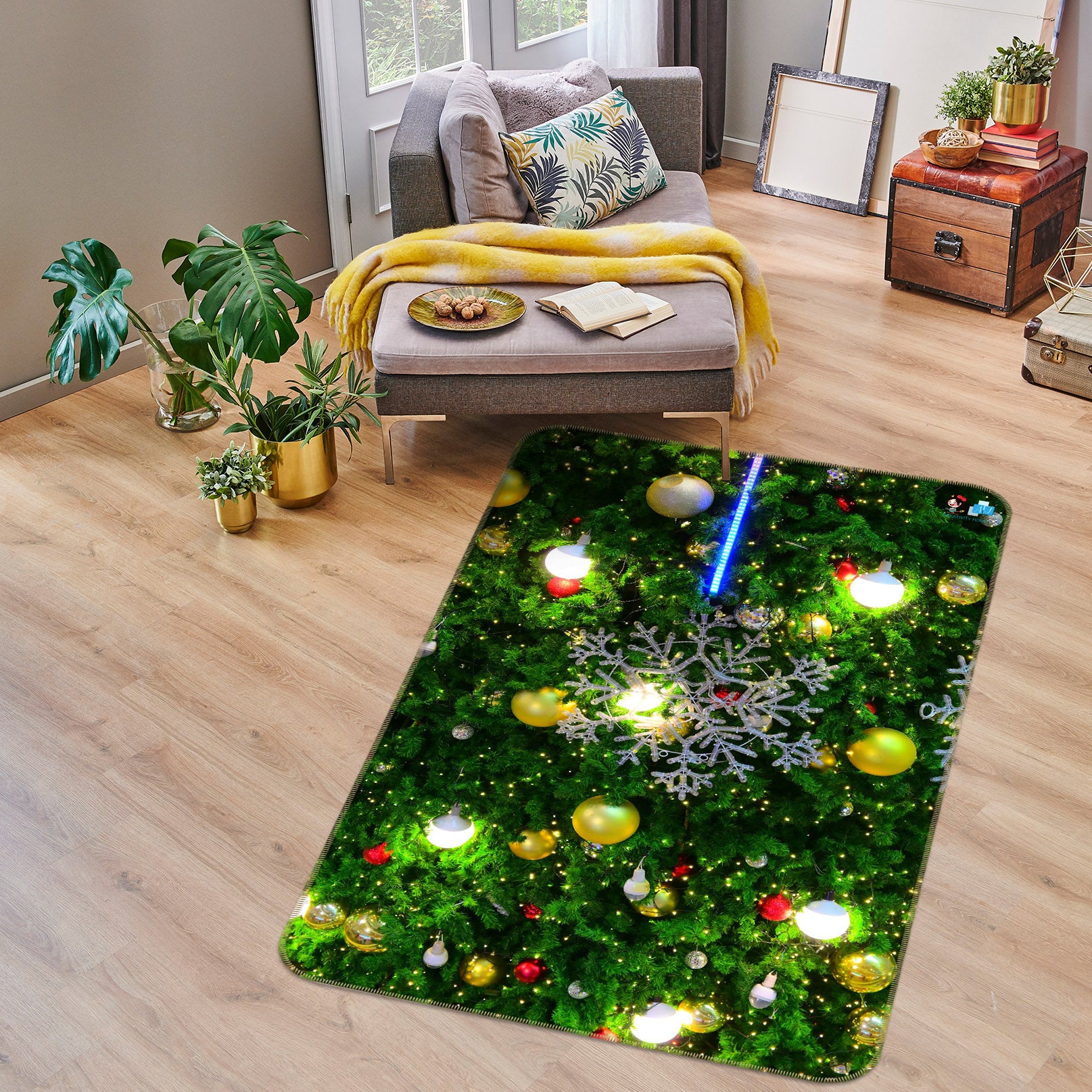 3D Tree Yellow Ball 55153 Christmas Non Slip Rug Mat Xmas