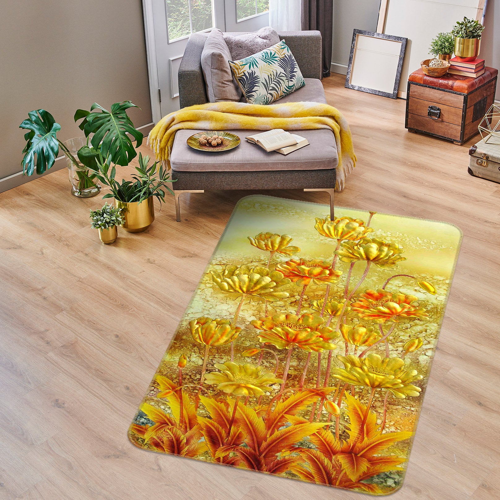 3D Golden Flower Bush 32219 Non Slip Rug Mat