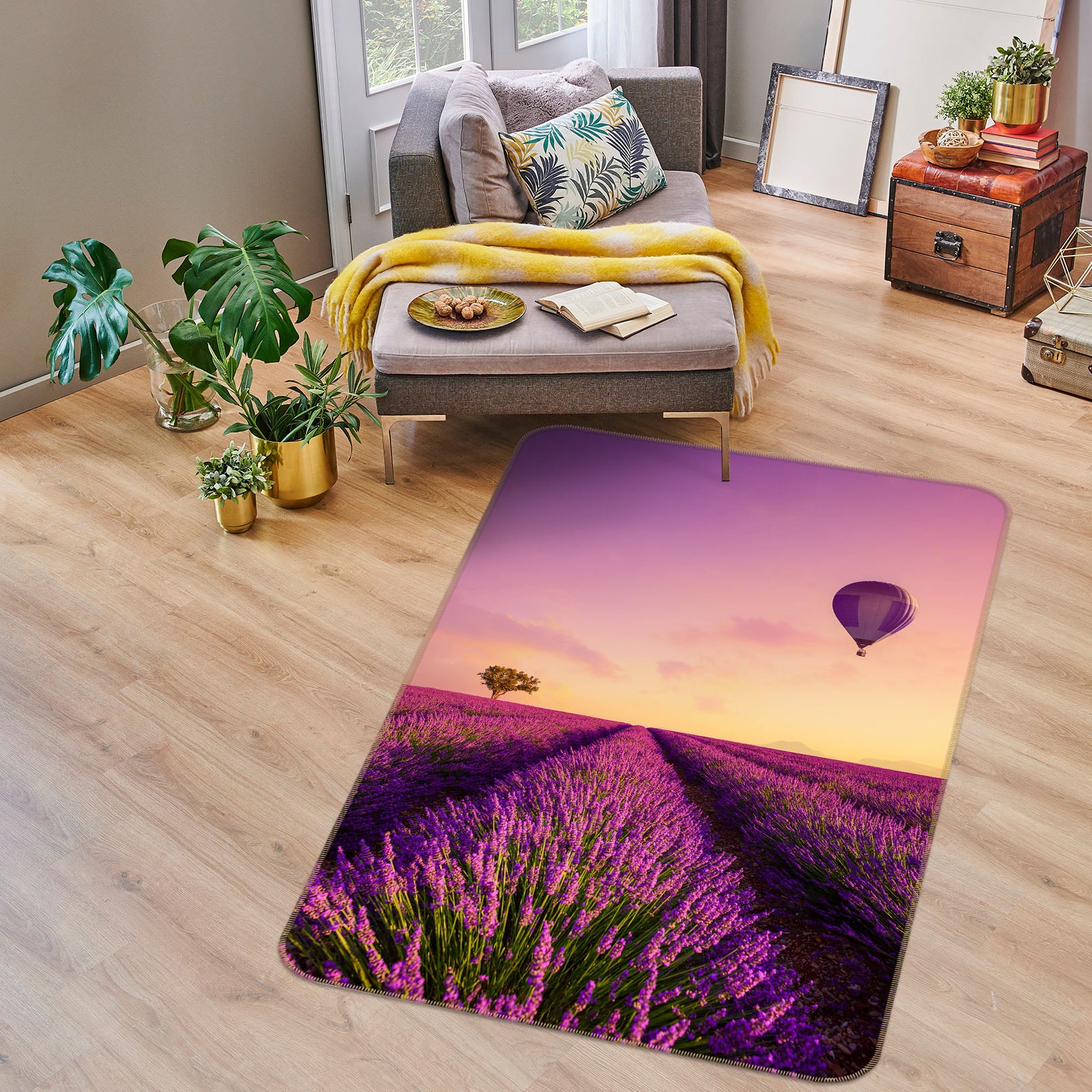 3D Lavender Flowers Hot Air Balloon 34191 Non Slip Rug Mat