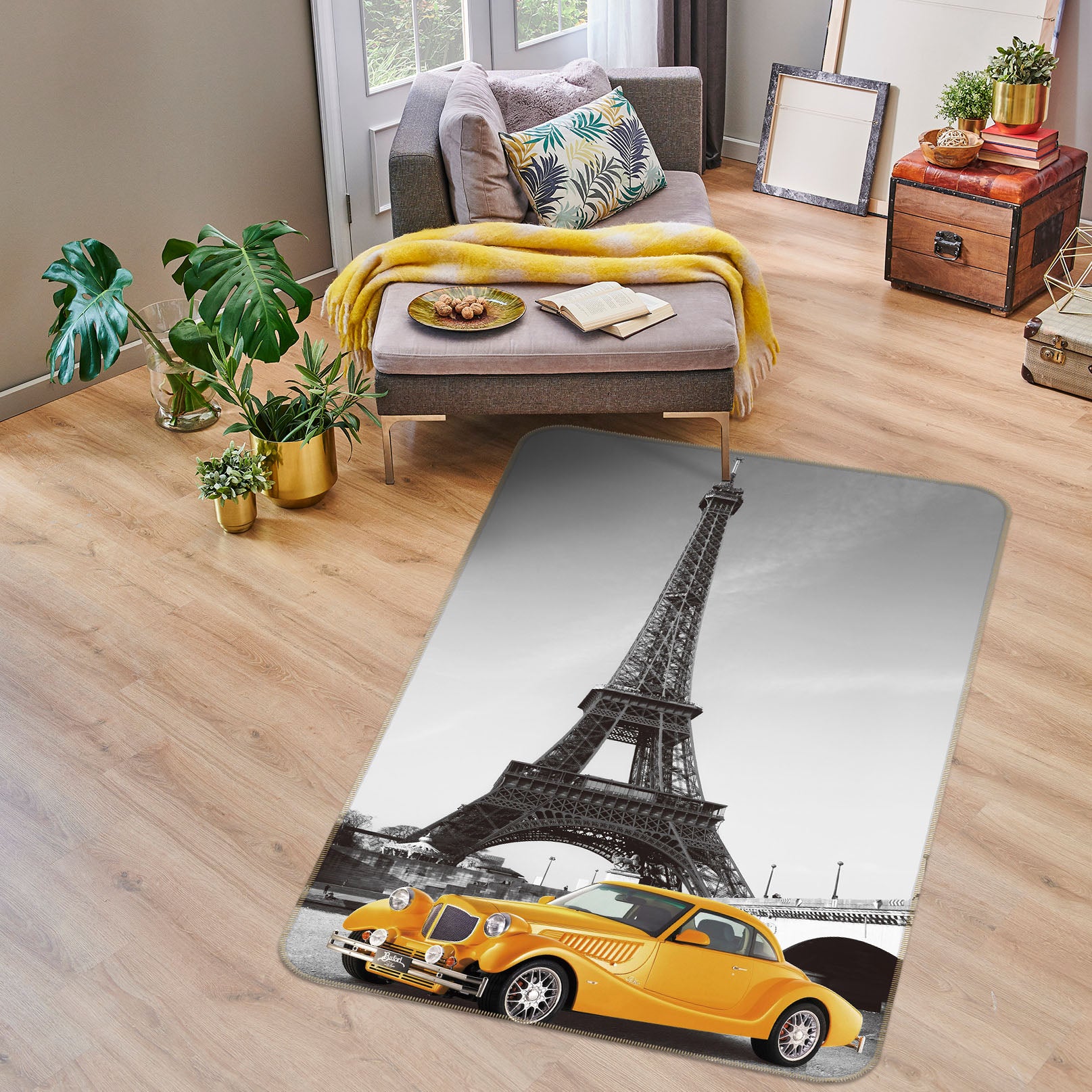 3D Yellow Car Eiffel Tower 42122 Vehicle Non Slip Rug Mat