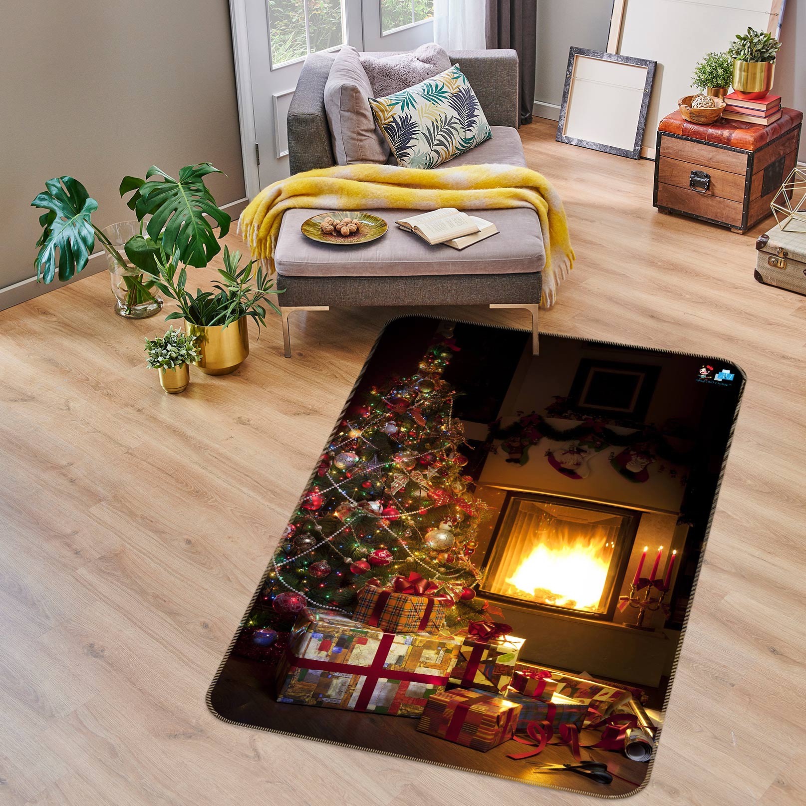 3D Gift Fireplace Tree 55031 Christmas Non Slip Rug Mat Xmas
