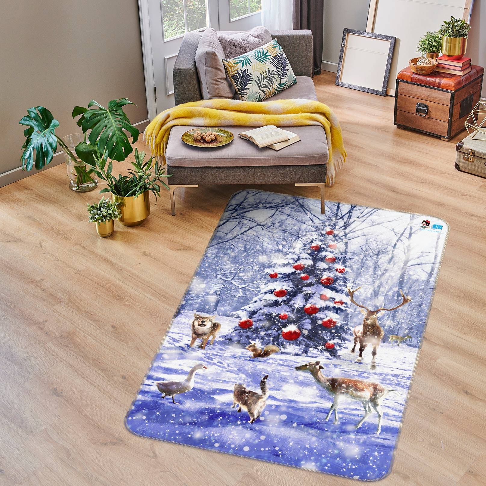 3D Snow Tree Deer 55038 Christmas Non Slip Rug Mat Xmas
