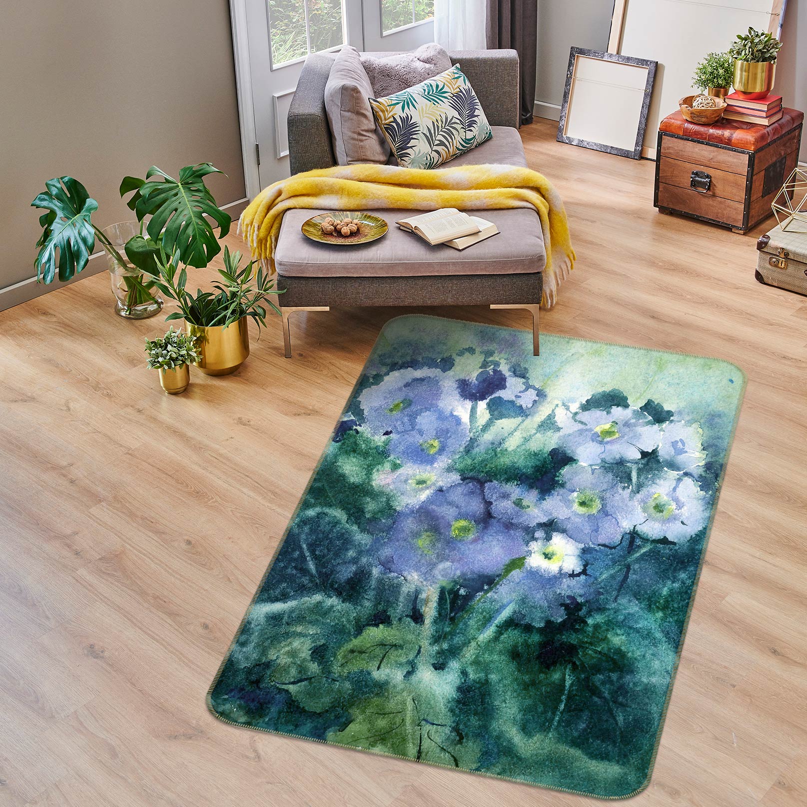3D Blue Flowers 33062 Non Slip Rug Mat