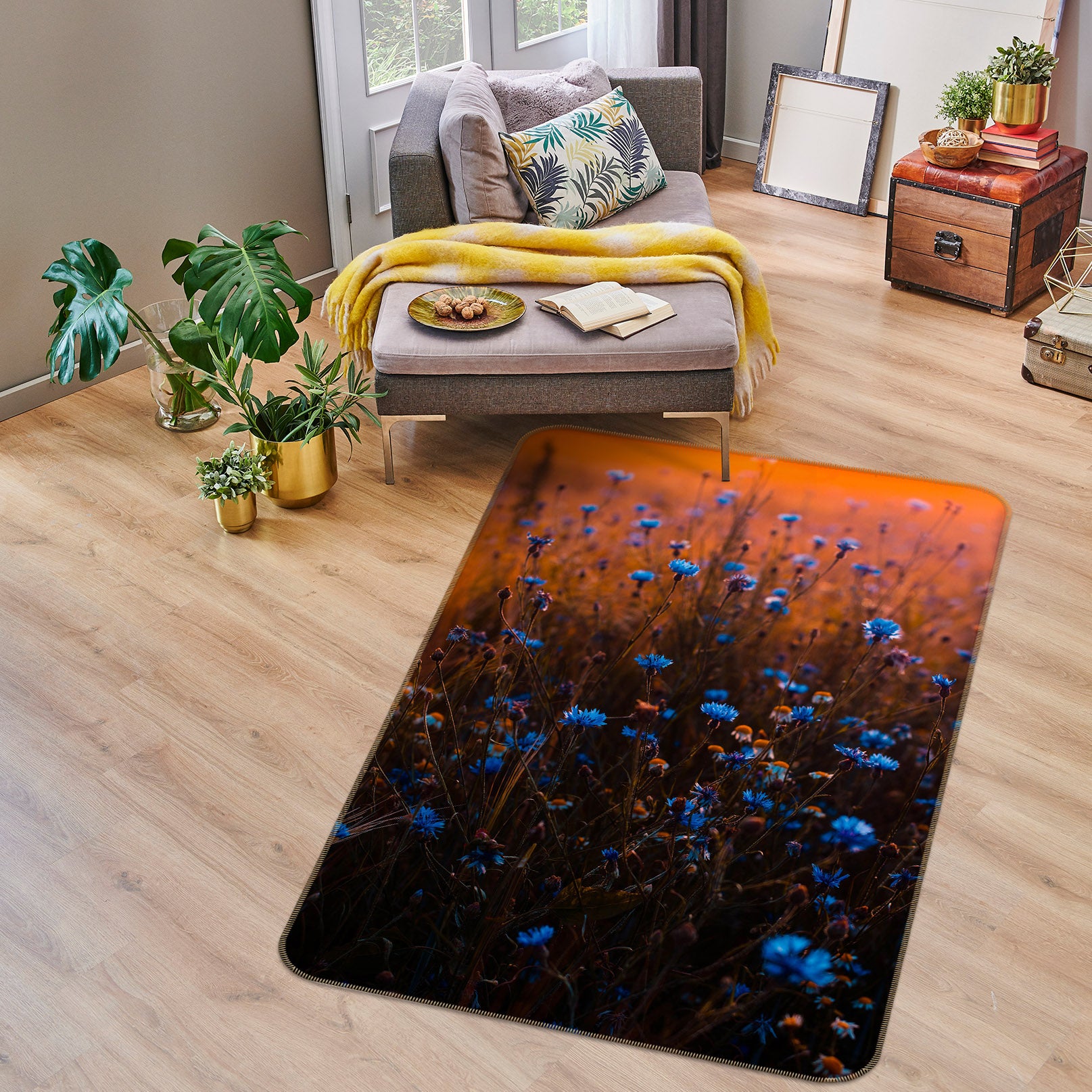 3D Blue Flowers 65162 Non Slip Rug Mat