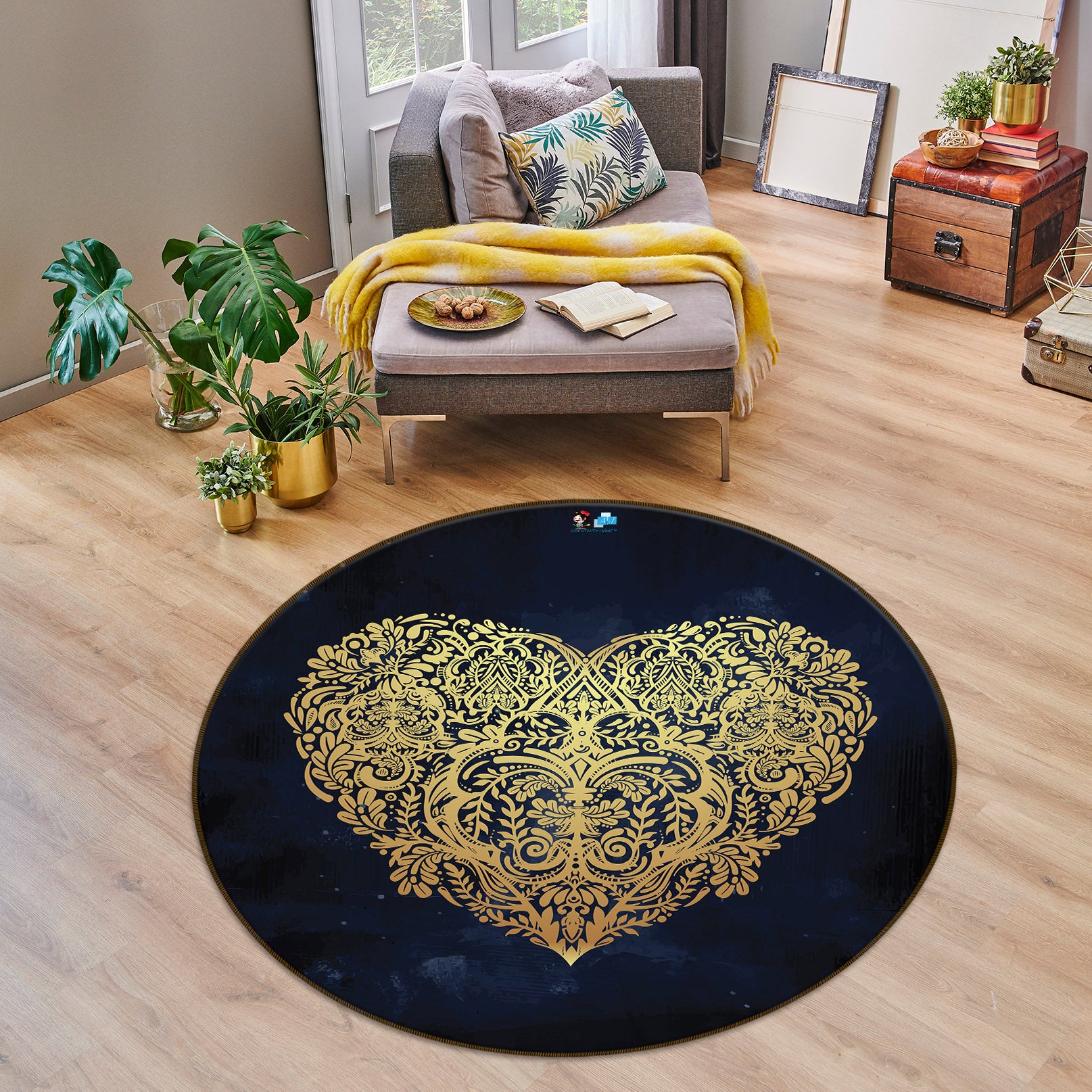 3D Golden Heart Pattern 75016 Round Non Slip Rug Mat