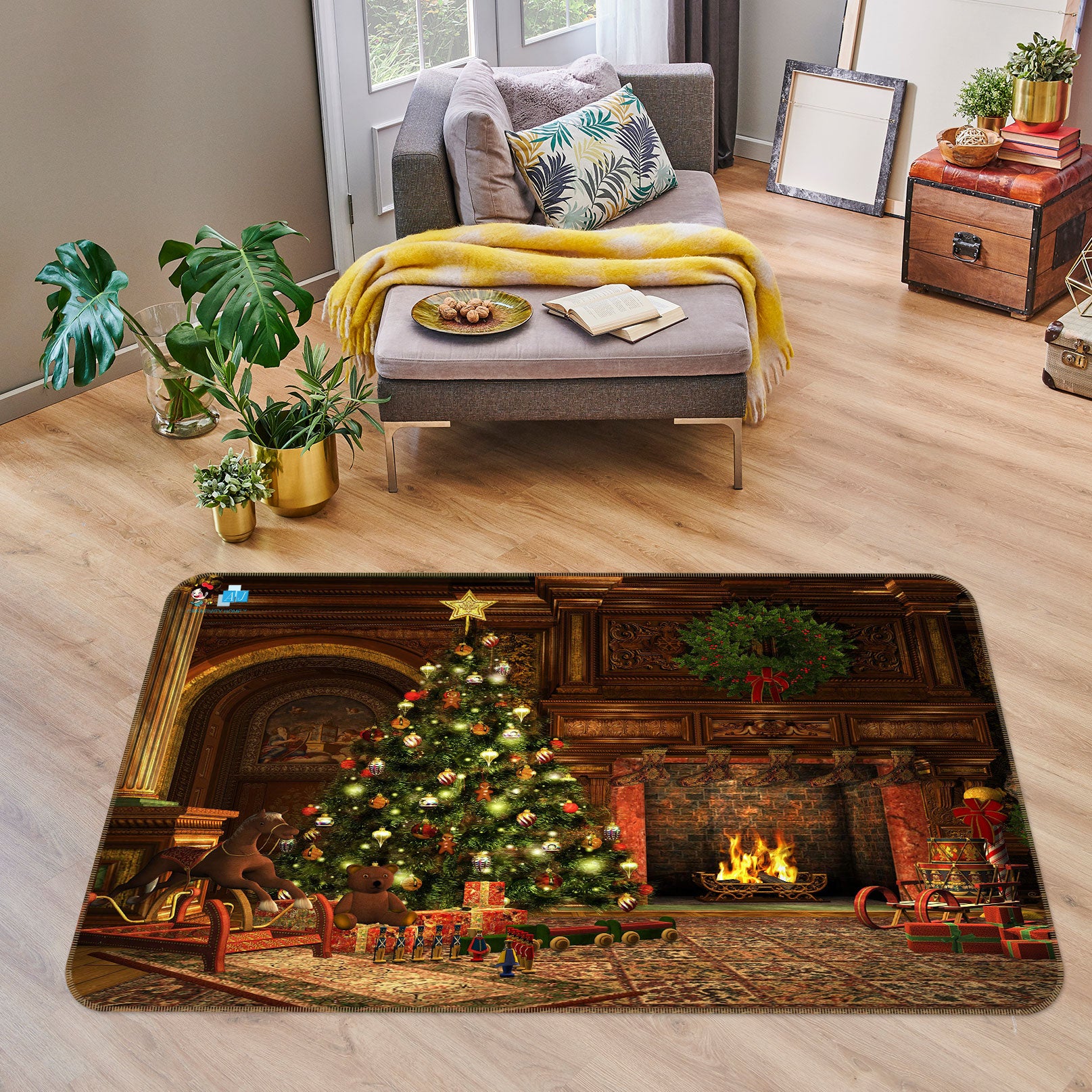 3D Tree Fireplace 54217 Christmas Non Slip Rug Mat Xmas