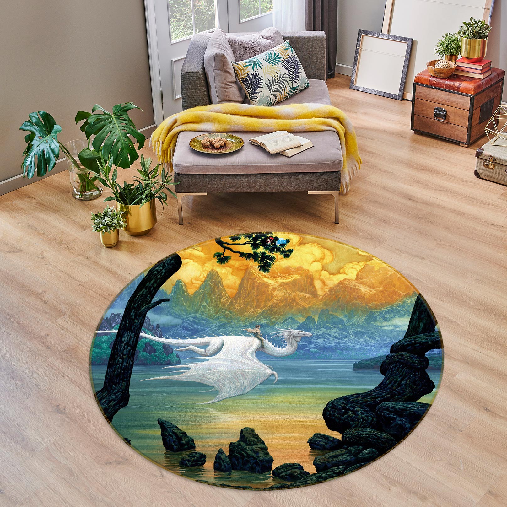 3D River Mountain Dragon 6119 Ciruelo Rug Round Non Slip Rug Mat