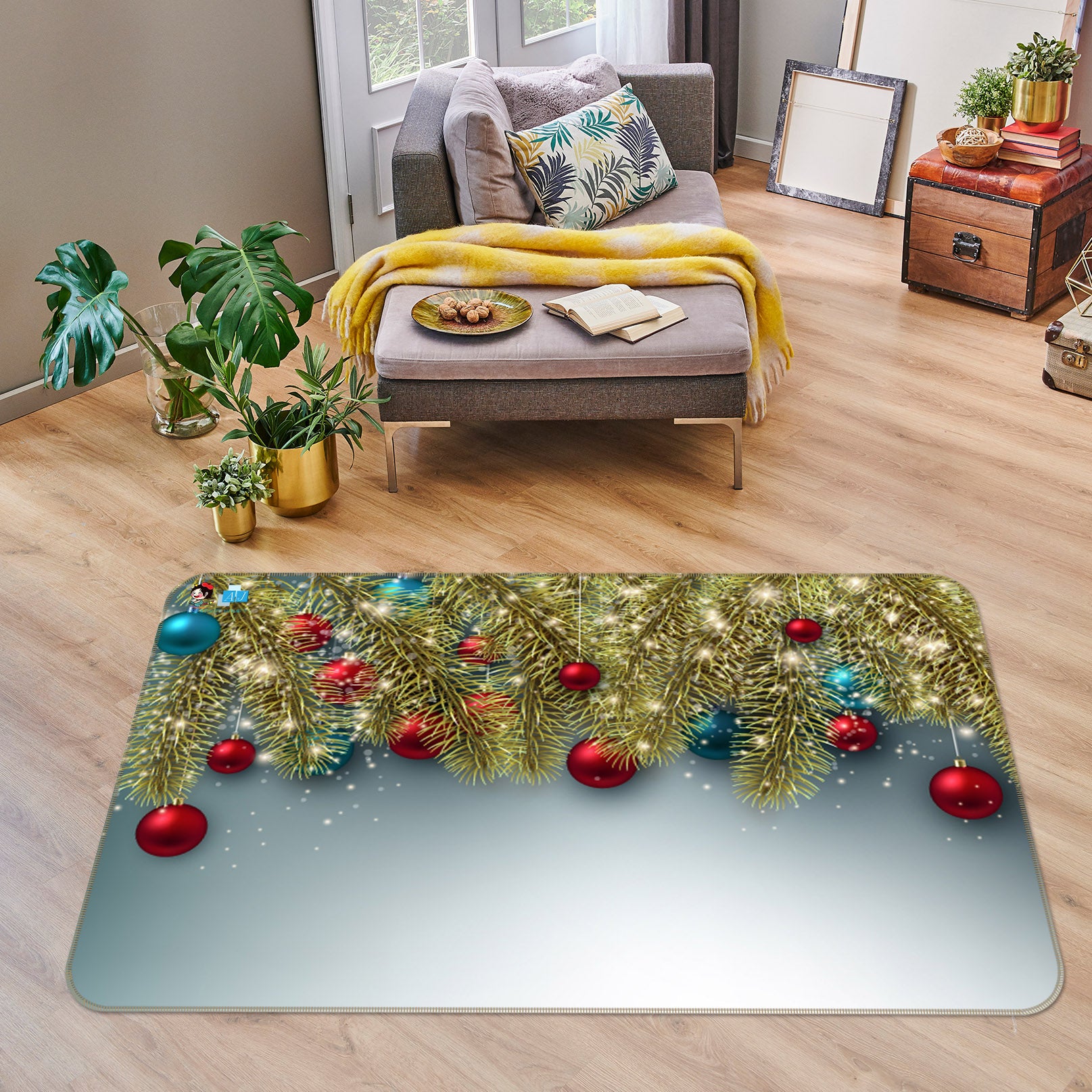 3D Golden Branches Ball 55101 Christmas Non Slip Rug Mat Xmas