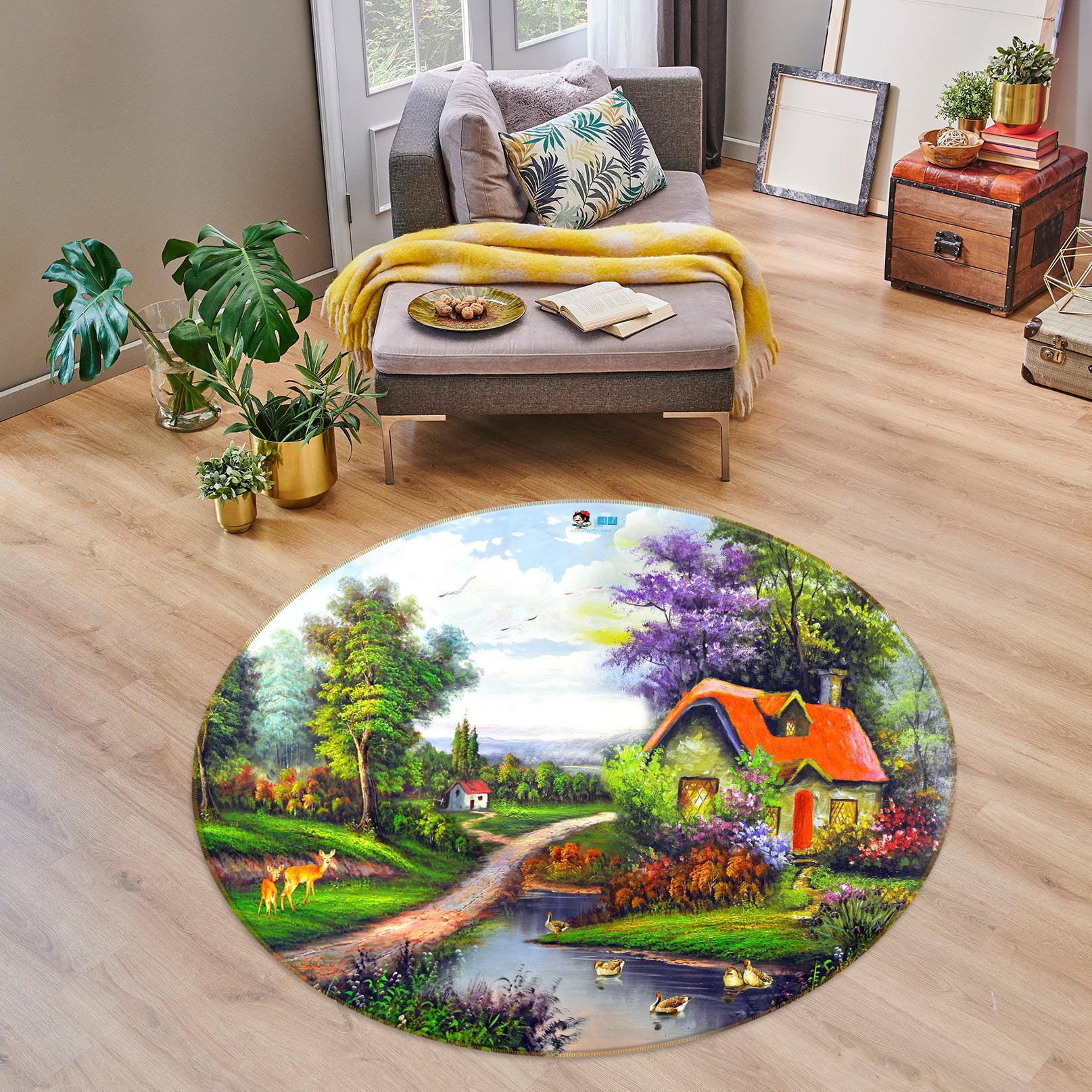 3D Oil Painting House 73003 Round Non Slip Rug Mat