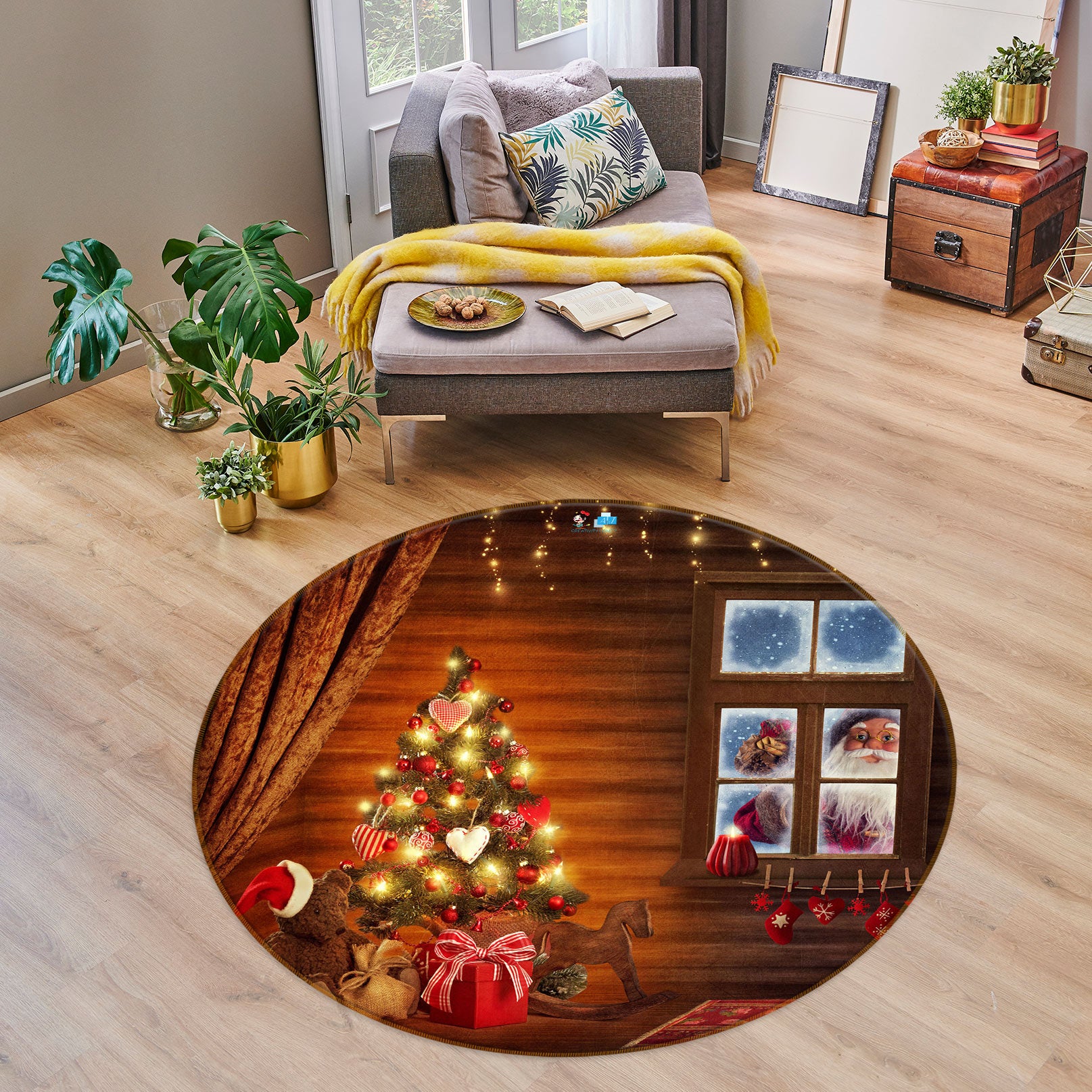 3D Tree Window Santa Claus 54009 Christmas Round Non Slip Rug Mat Xmas