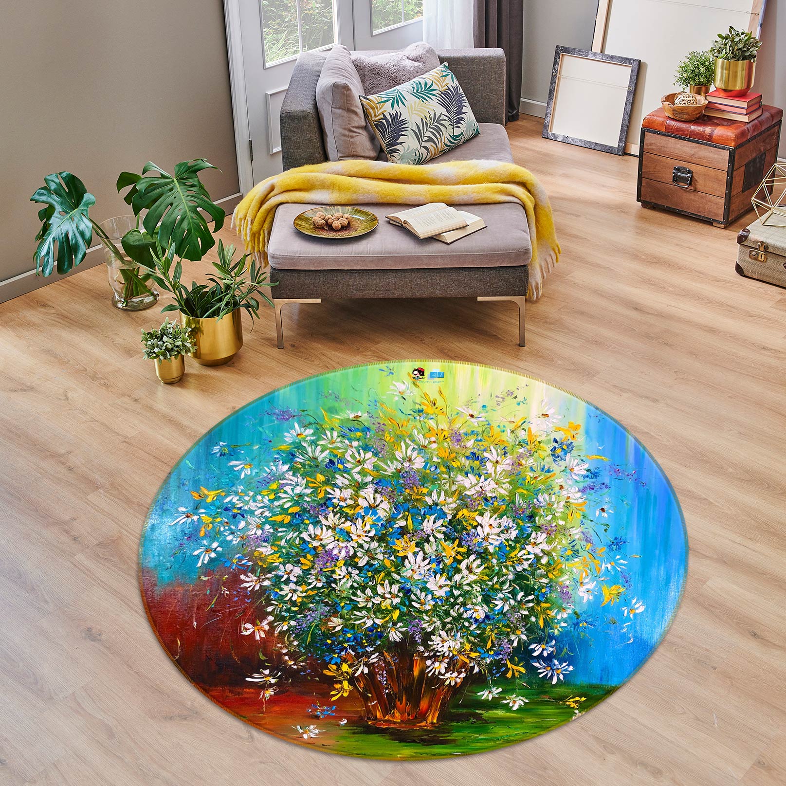 3D Daisy Pot 743 Skromova Marina Rug Round Non Slip Rug Mat