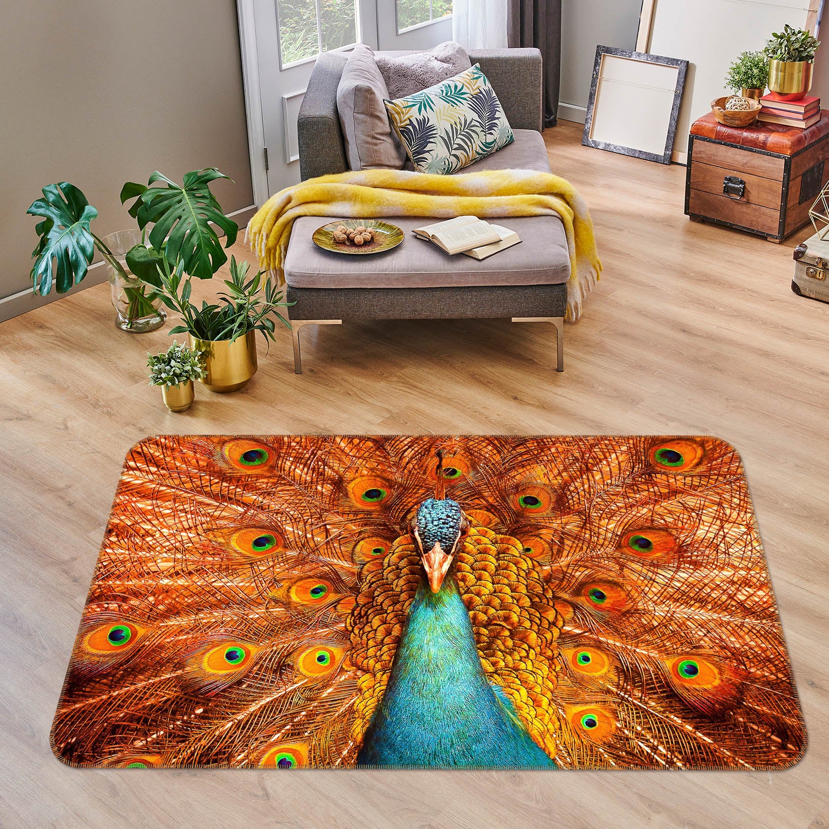 3D Orange Peacock 115 Animal Non Slip Rug Mat