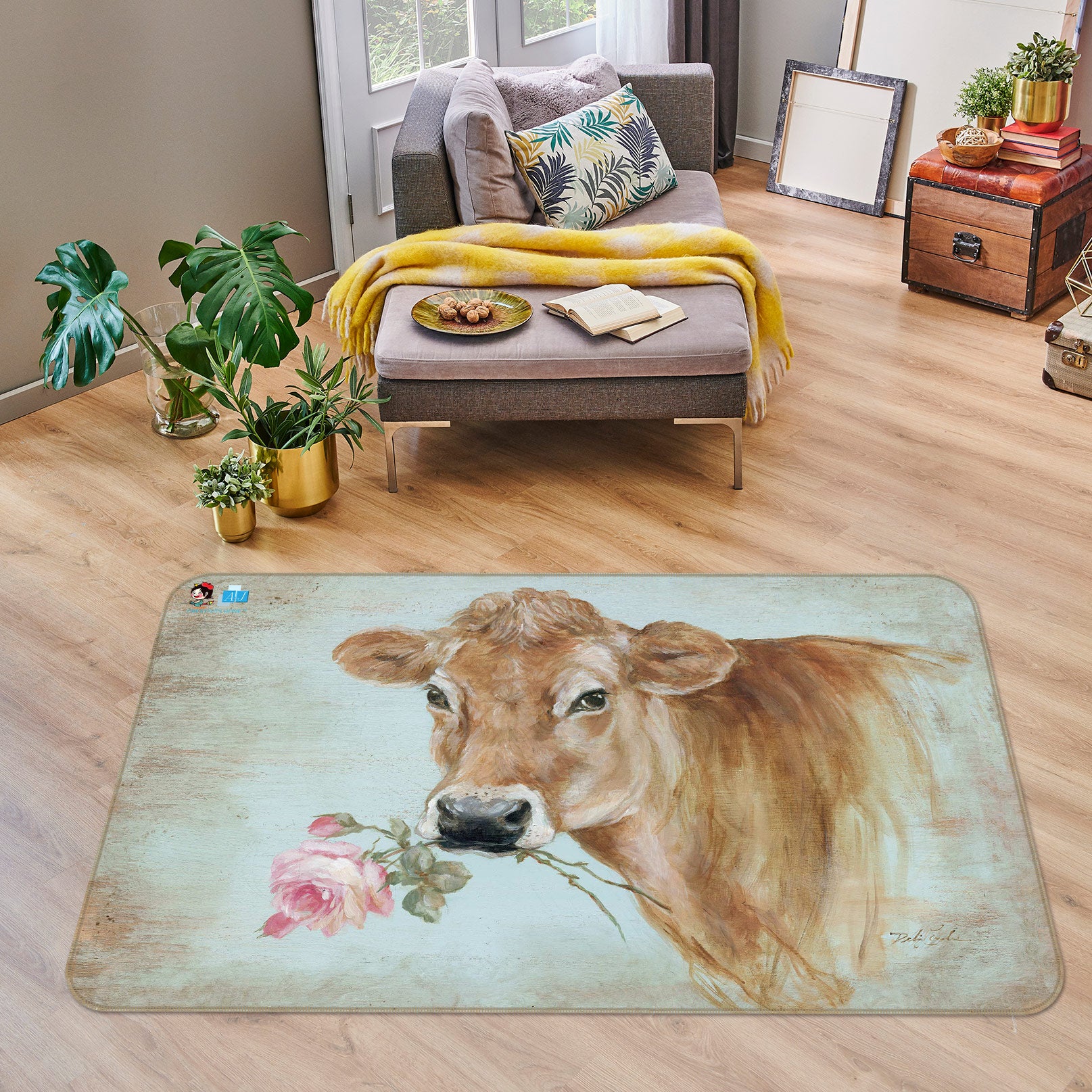 3D Cow With Flowers 1007 Debi Coules Rug Non Slip Rug Mat
