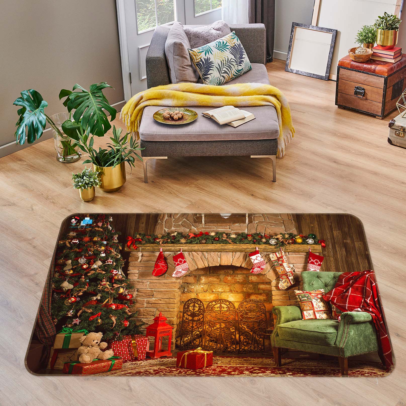 3D Fireplace Sofa 54235 Christmas Non Slip Rug Mat Xmas