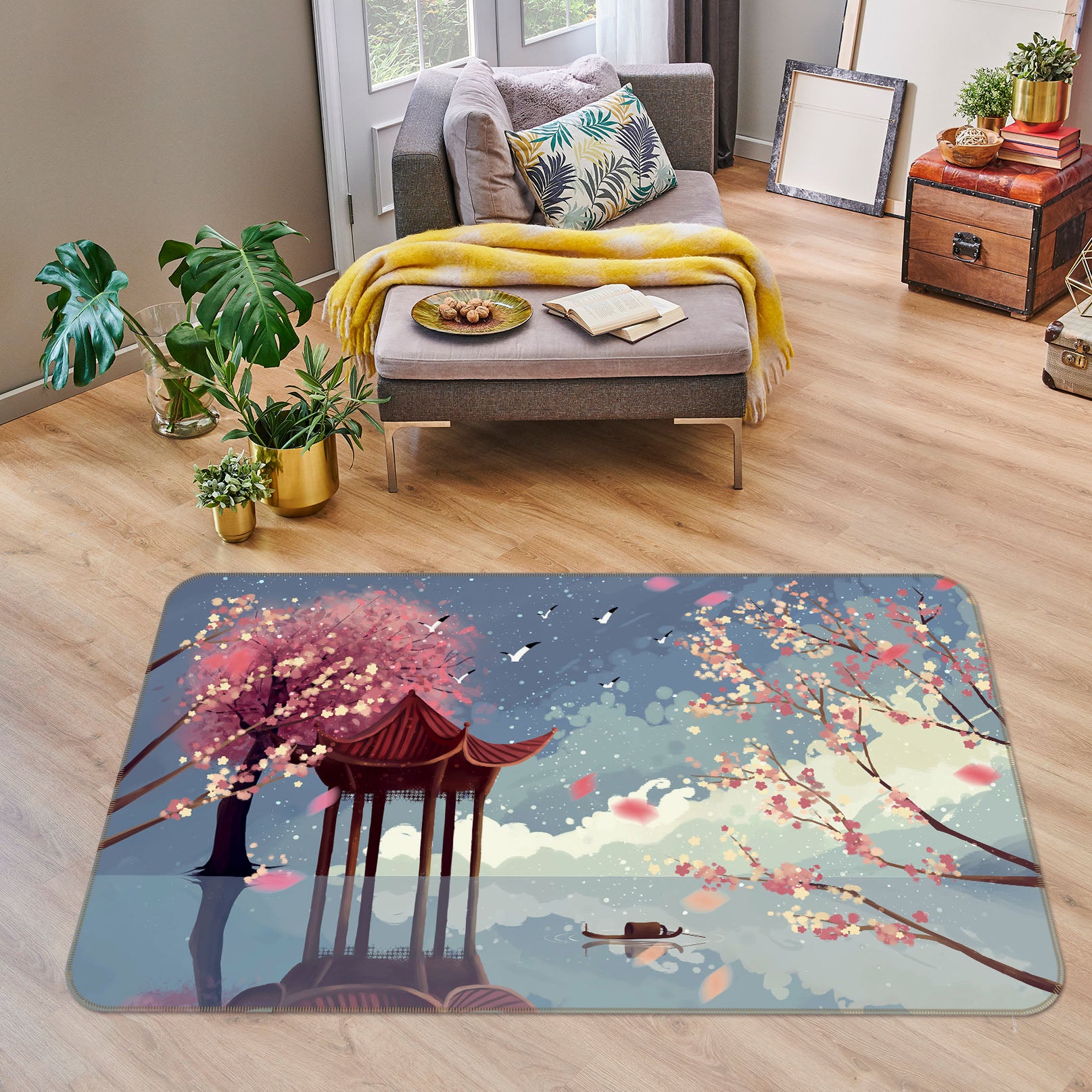3D Cherry Blossoms Pavilion 34020 Non Slip Rug Mat