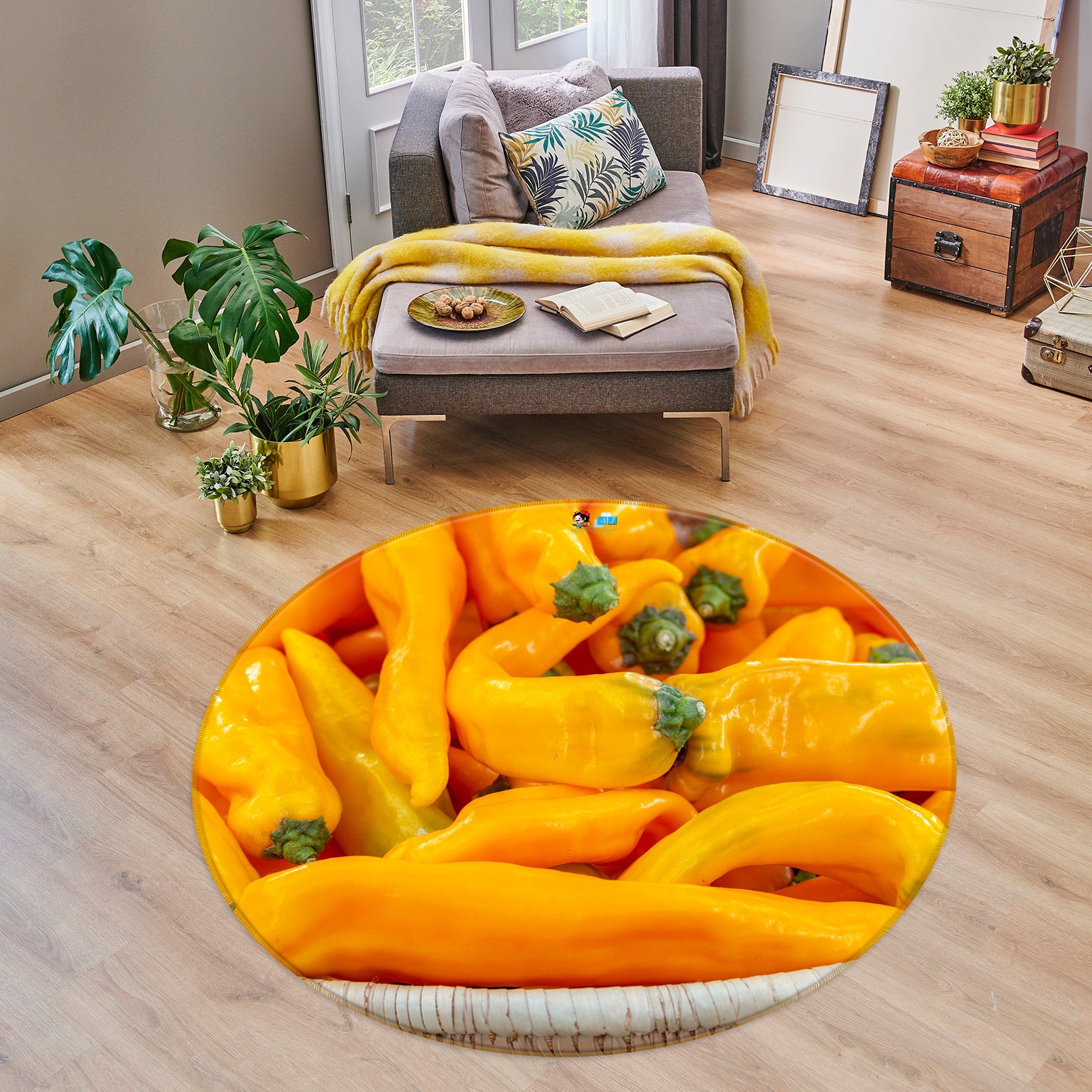 3D Yellow Chili 7555 Assaf Frank Rug Round Non Slip Rug Mat