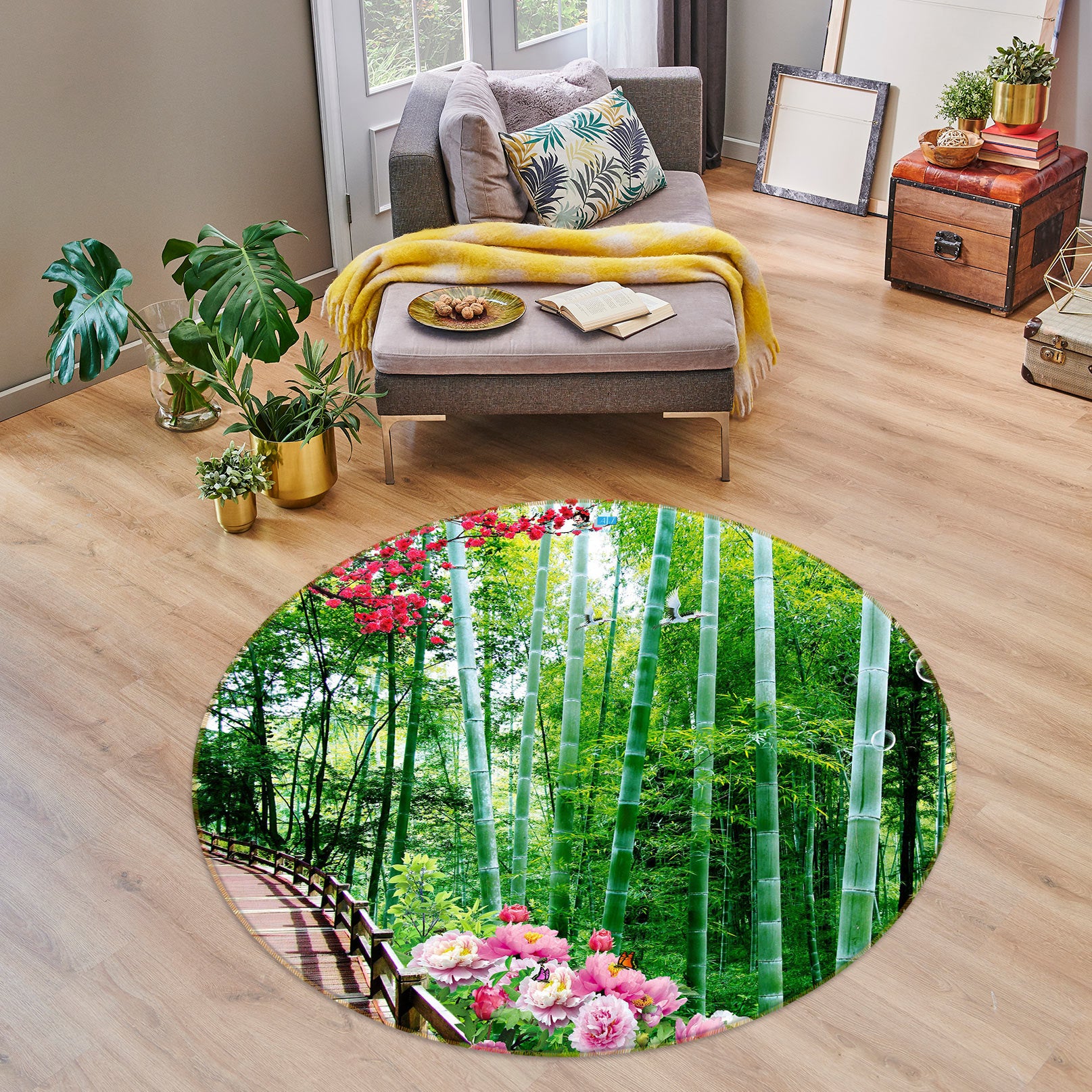 3D Bamboo Forest Flower 81018 Round Non Slip Rug Mat