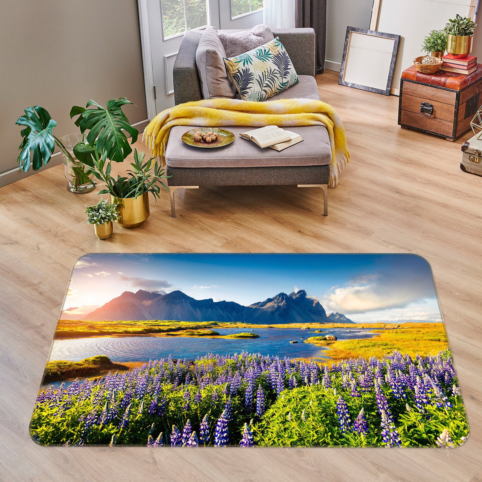 3D Flowers Mountains 77144 Non Slip Rug Mat