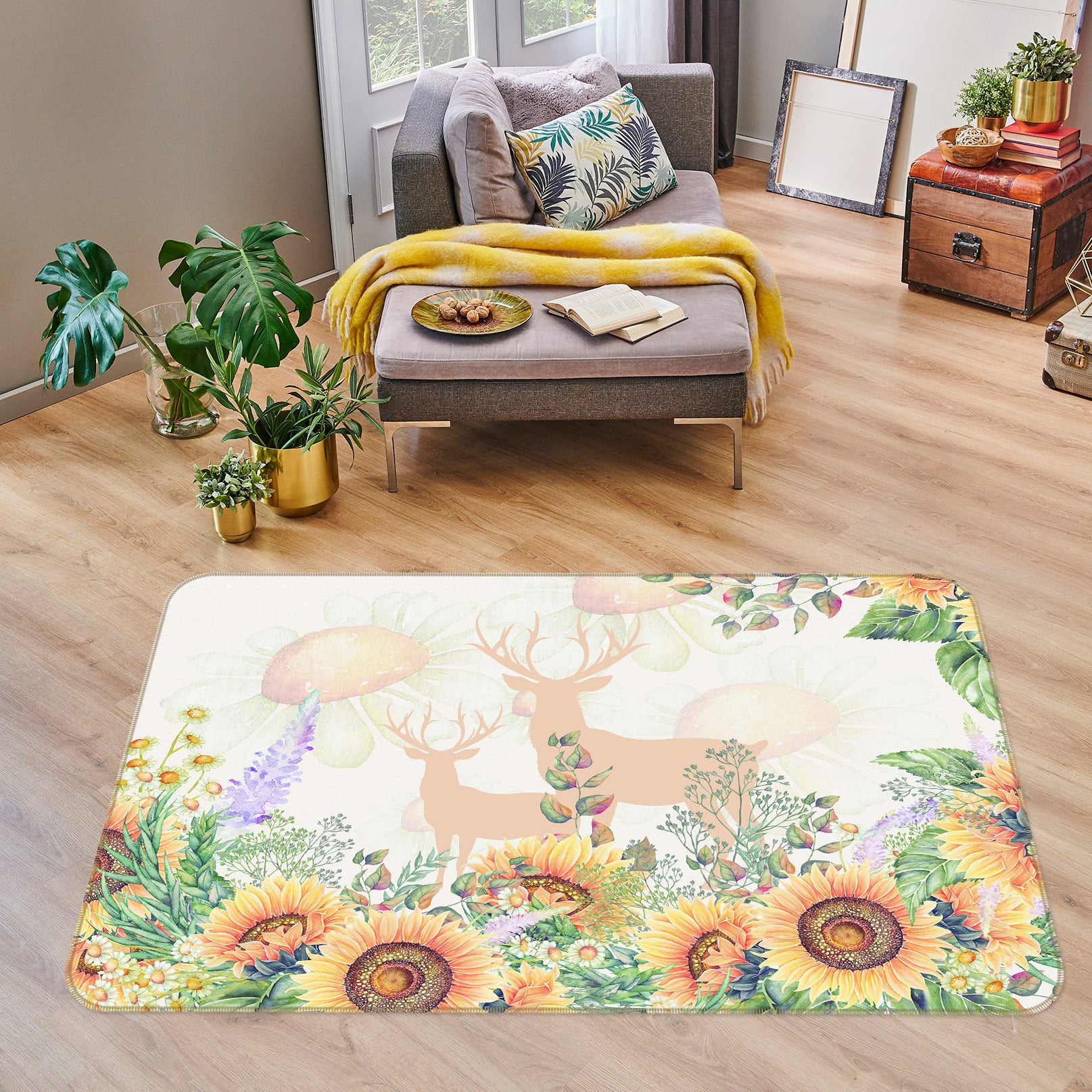 3D Sunflower Deer 77036 Non Slip Rug Mat