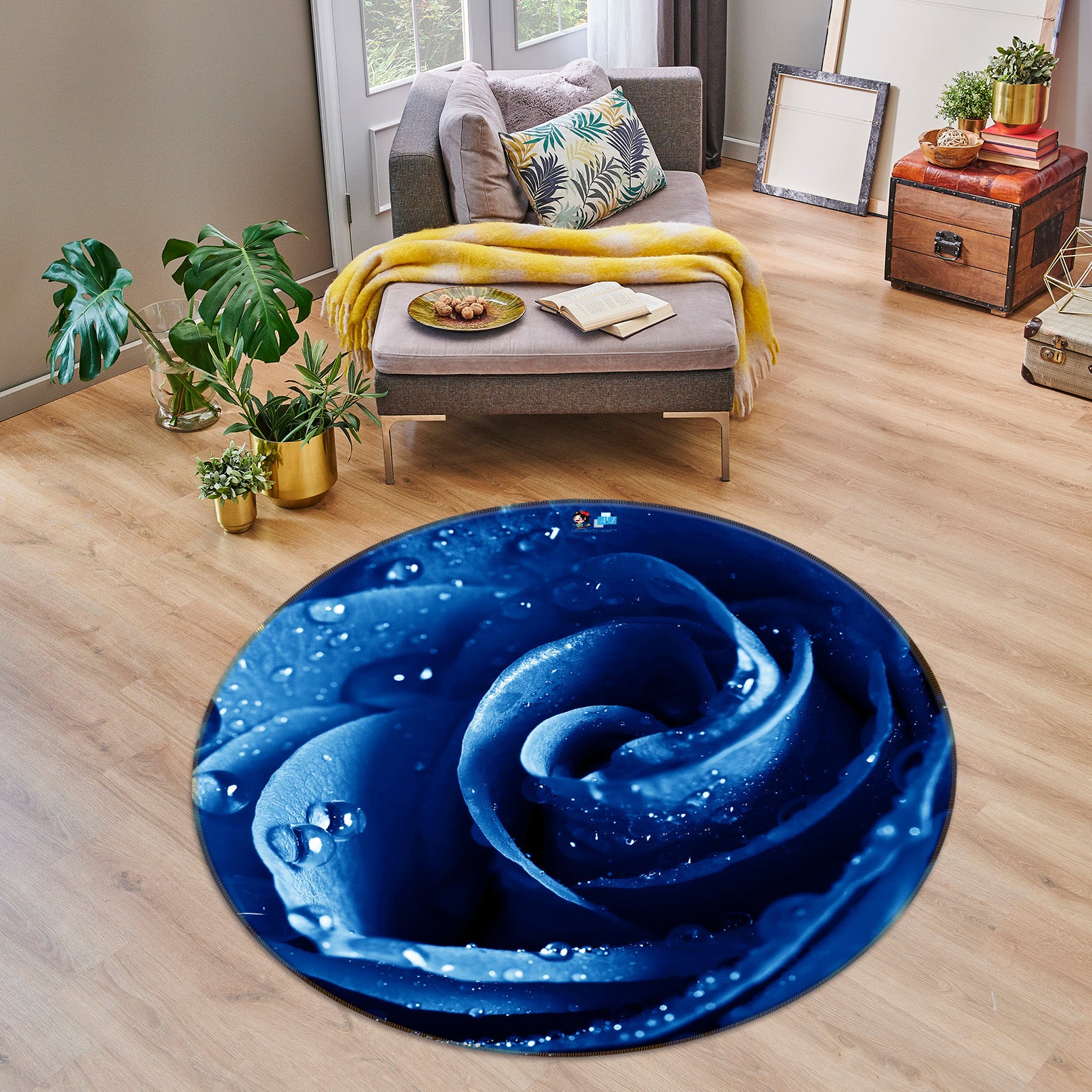 3D Blue Rose 72063 Round Non Slip Rug Mat