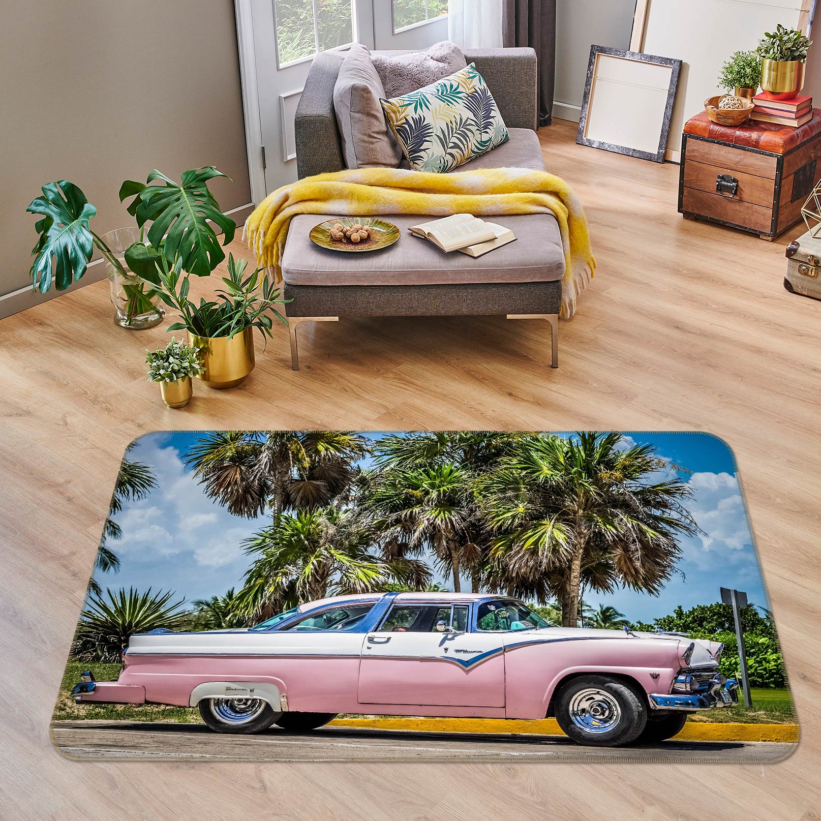 3D Coconut Tree Pink Car 67227 Vehicle Non Slip Rug Mat