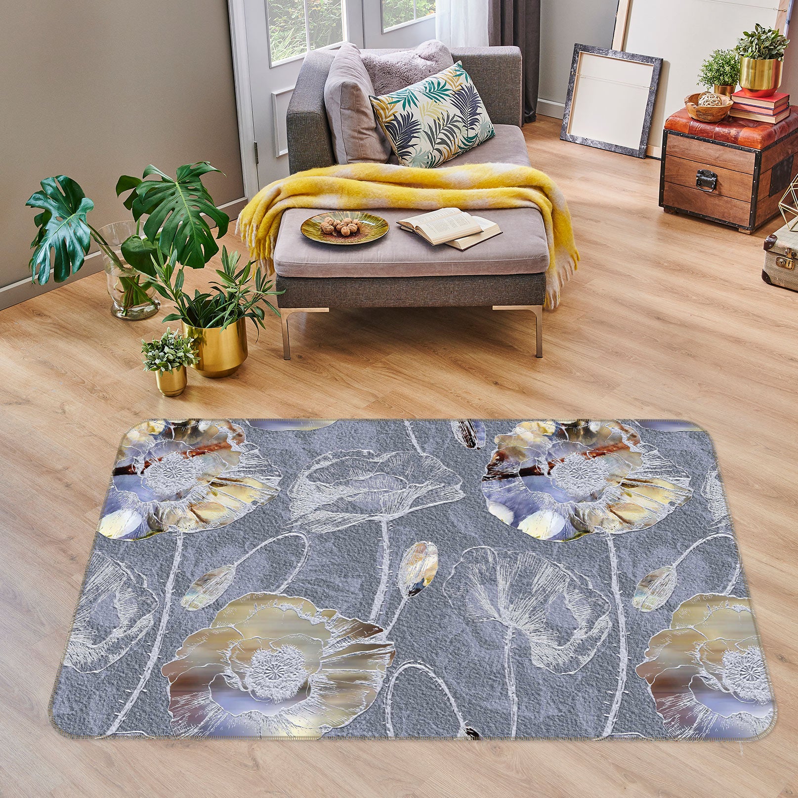 3D Grey Flower Pattern 33029 Non Slip Rug Mat