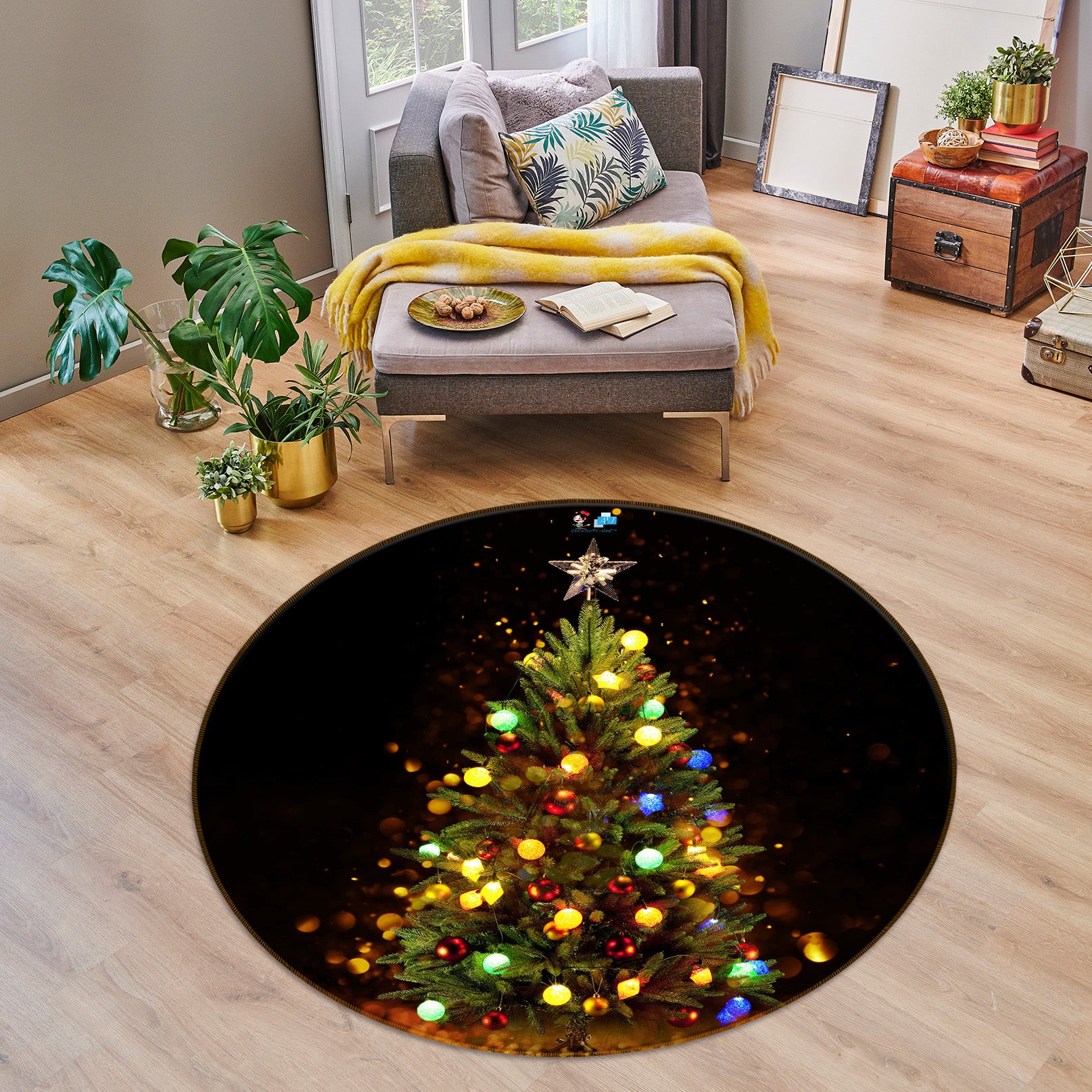 3D Lantern Tree 54146 Christmas Round Non Slip Rug Mat Xmas