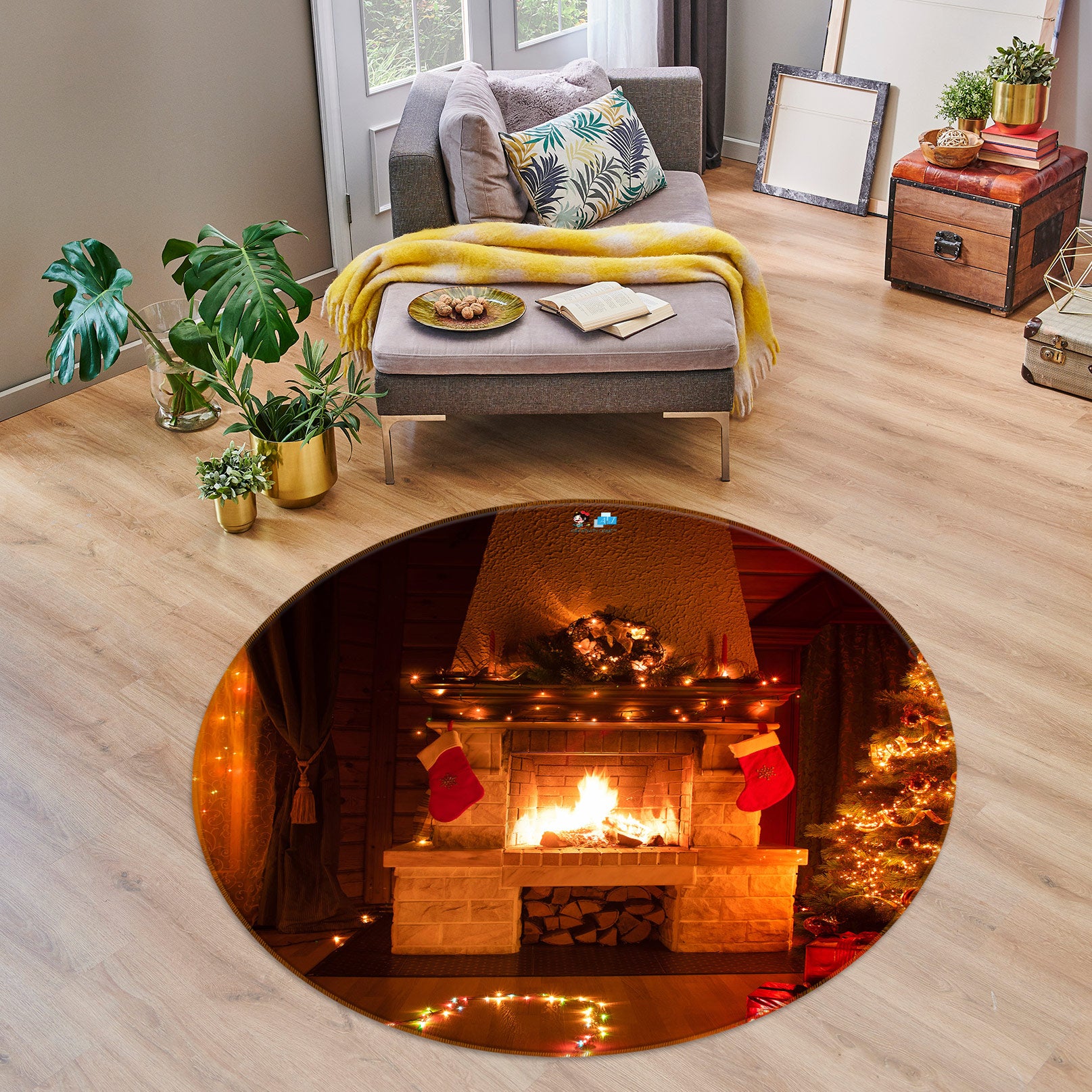 3D Fireplace 54088 Christmas Round Non Slip Rug Mat Xmas