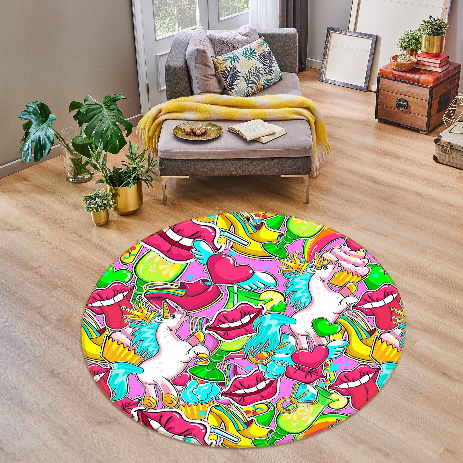 3D Color Lips Pattern 75056 Round Non Slip Rug Mat