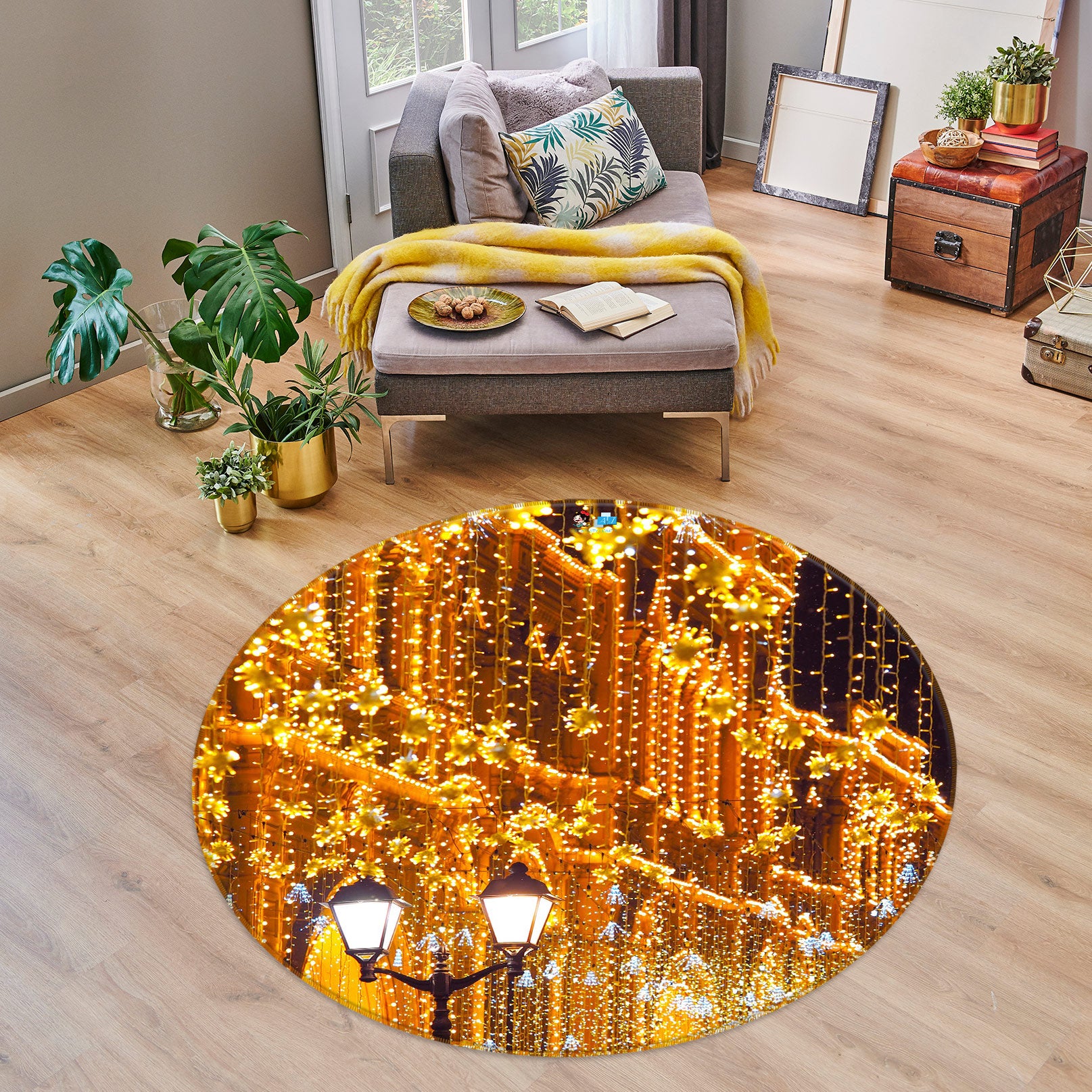 3D Golden Lights 54062 Christmas Round Non Slip Rug Mat Xmas