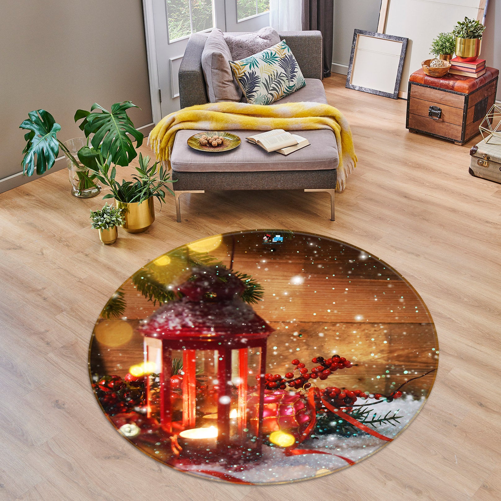 3D Candle Lights Snow 54164 Christmas Round Non Slip Rug Mat Xmas