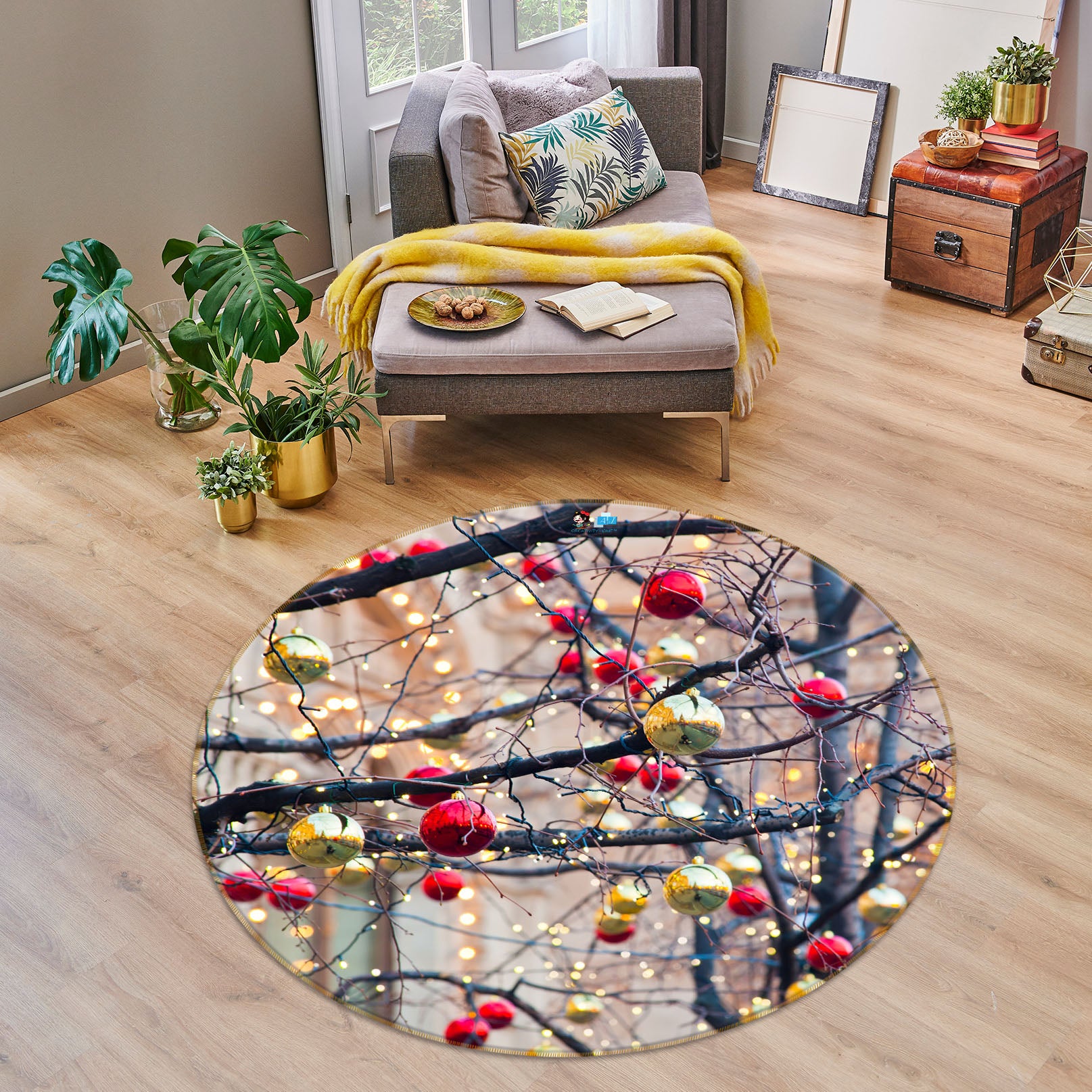3D Branches Red Yellow Ball 54149 Christmas Round Non Slip Rug Mat Xmas
