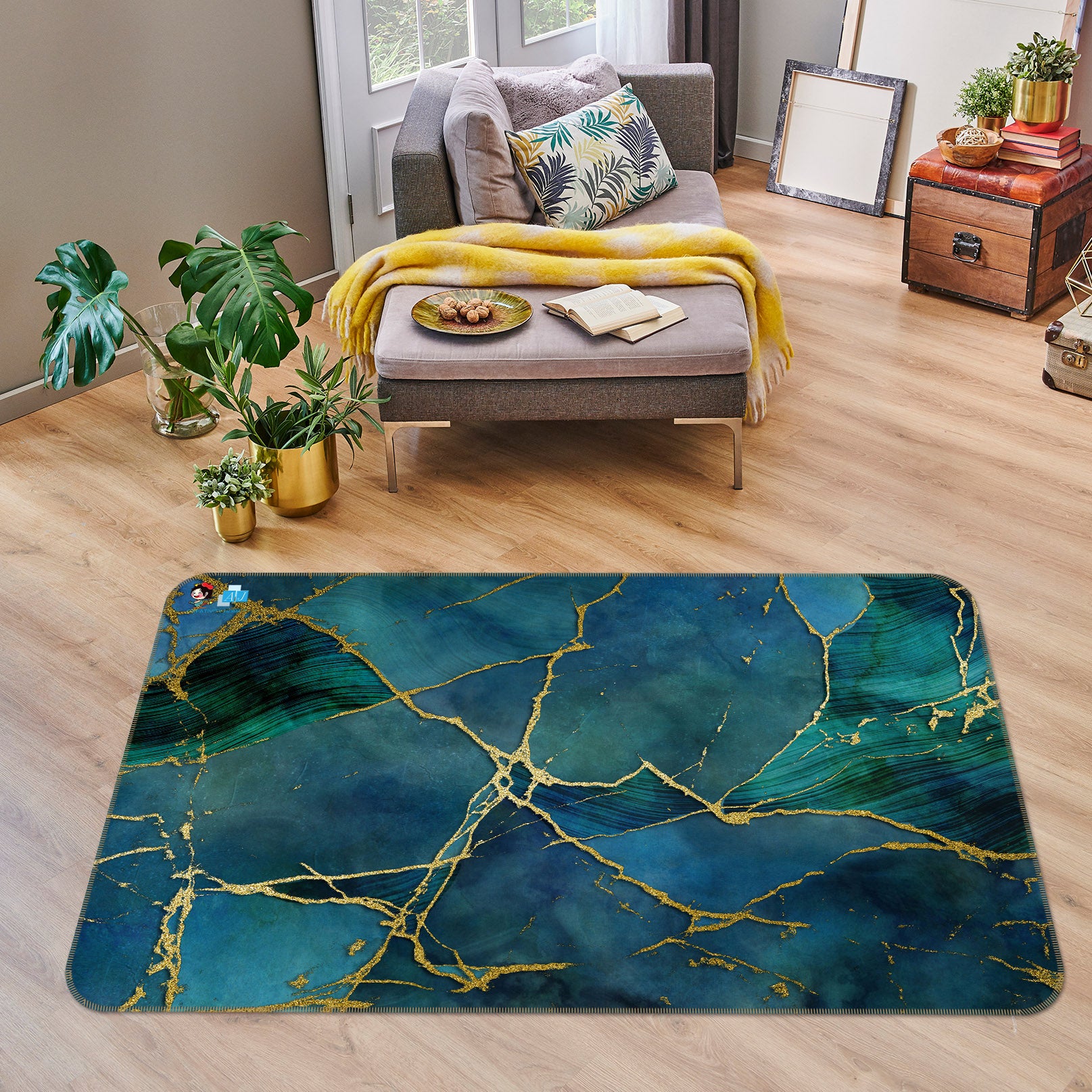 3D Golden Edge Dark Green Block 83032 Andrea haase Rug Non Slip Rug Mat
