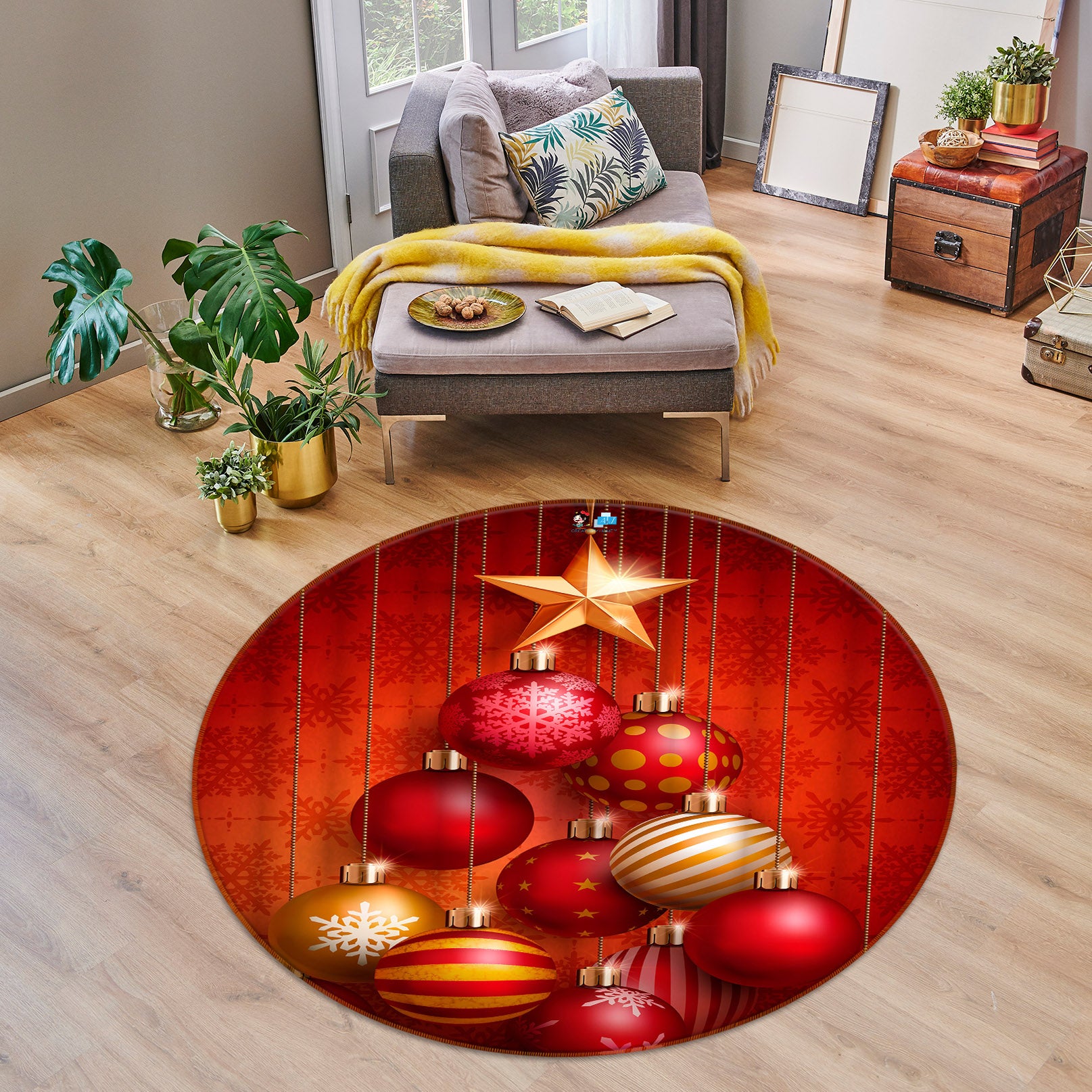 3D Red Ball 54102 Christmas Round Non Slip Rug Mat Xmas