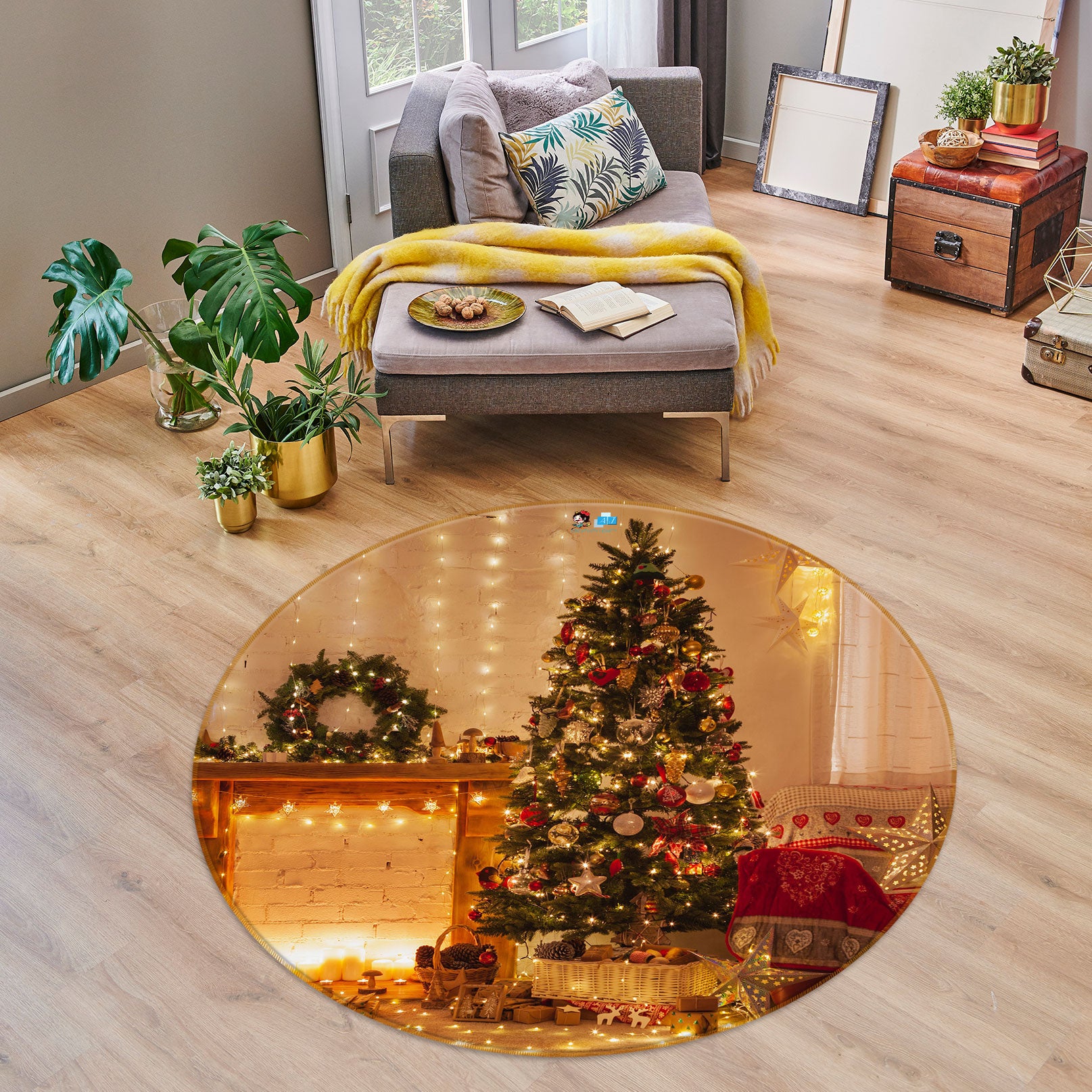 3D Tree 54077 Christmas Round Non Slip Rug Mat Xmas