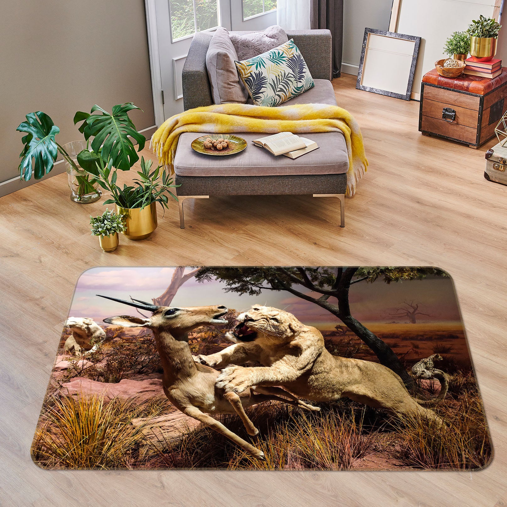 3D Lion Hunting Antelope 68216 Animal Non Slip Rug Mat