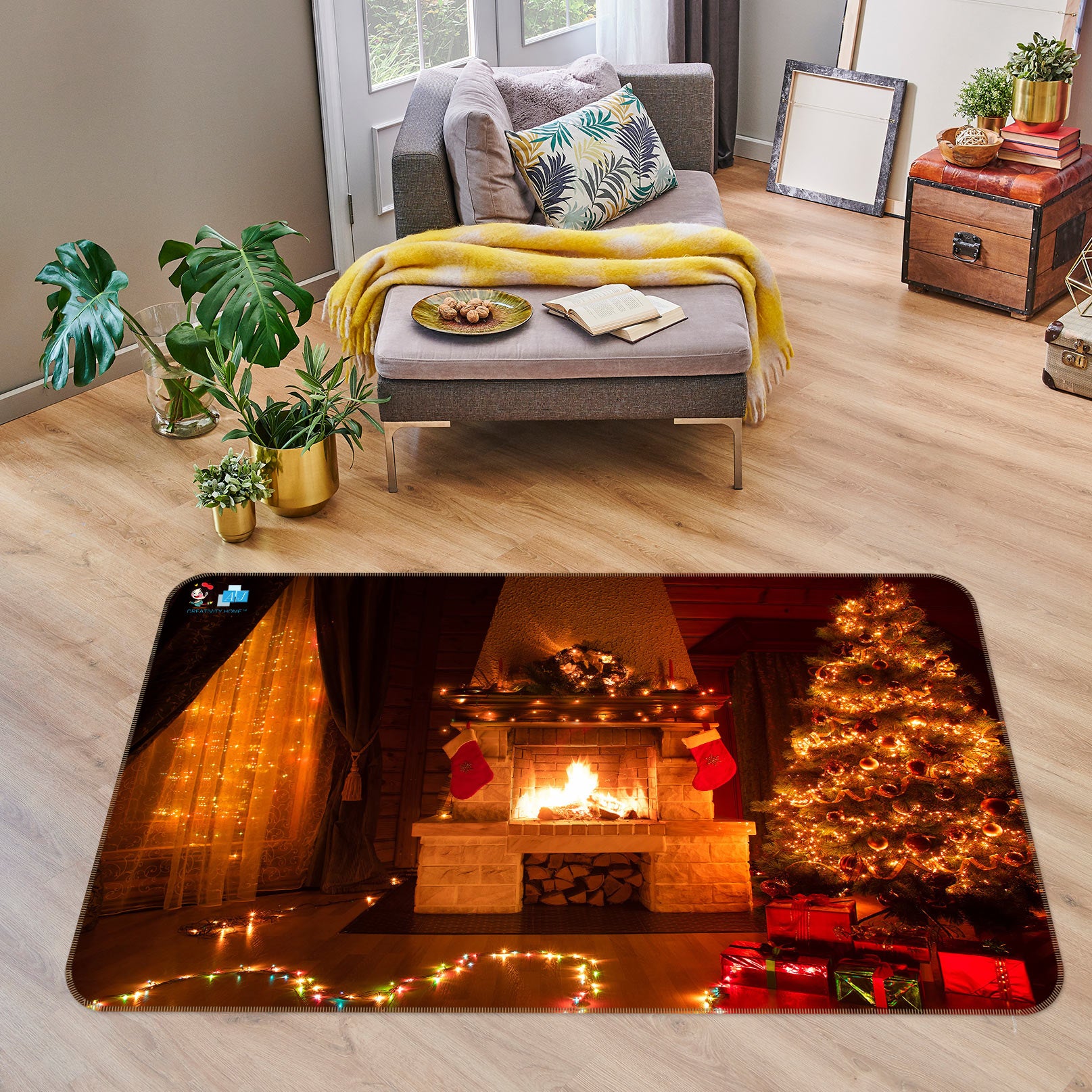3D Fireplace Lights 55016 Christmas Non Slip Rug Mat Xmas