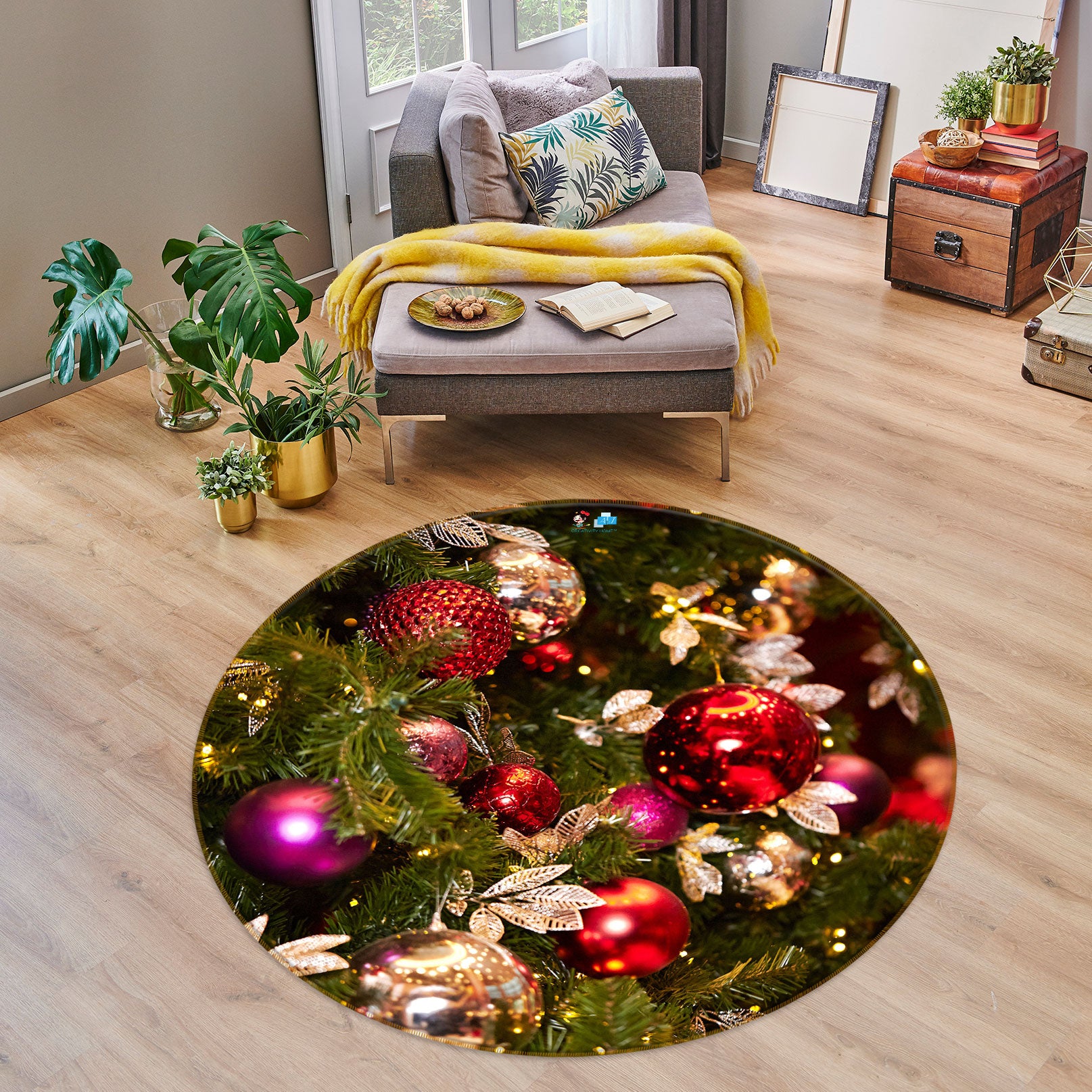 3D Red Ball Pendant 54064 Christmas Round Non Slip Rug Mat Xmas