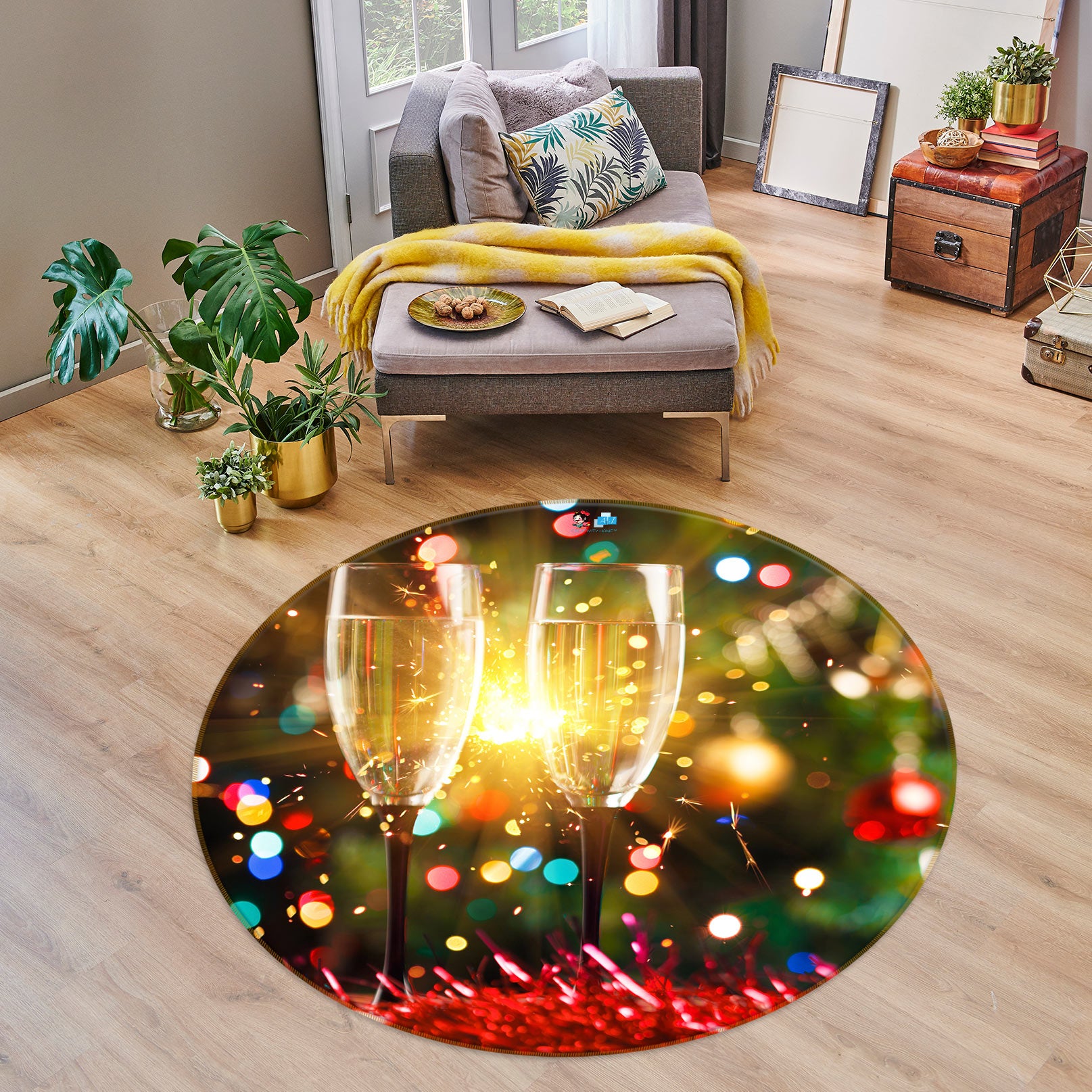 3D Wine Glass 54020 Christmas Round Non Slip Rug Mat Xmas