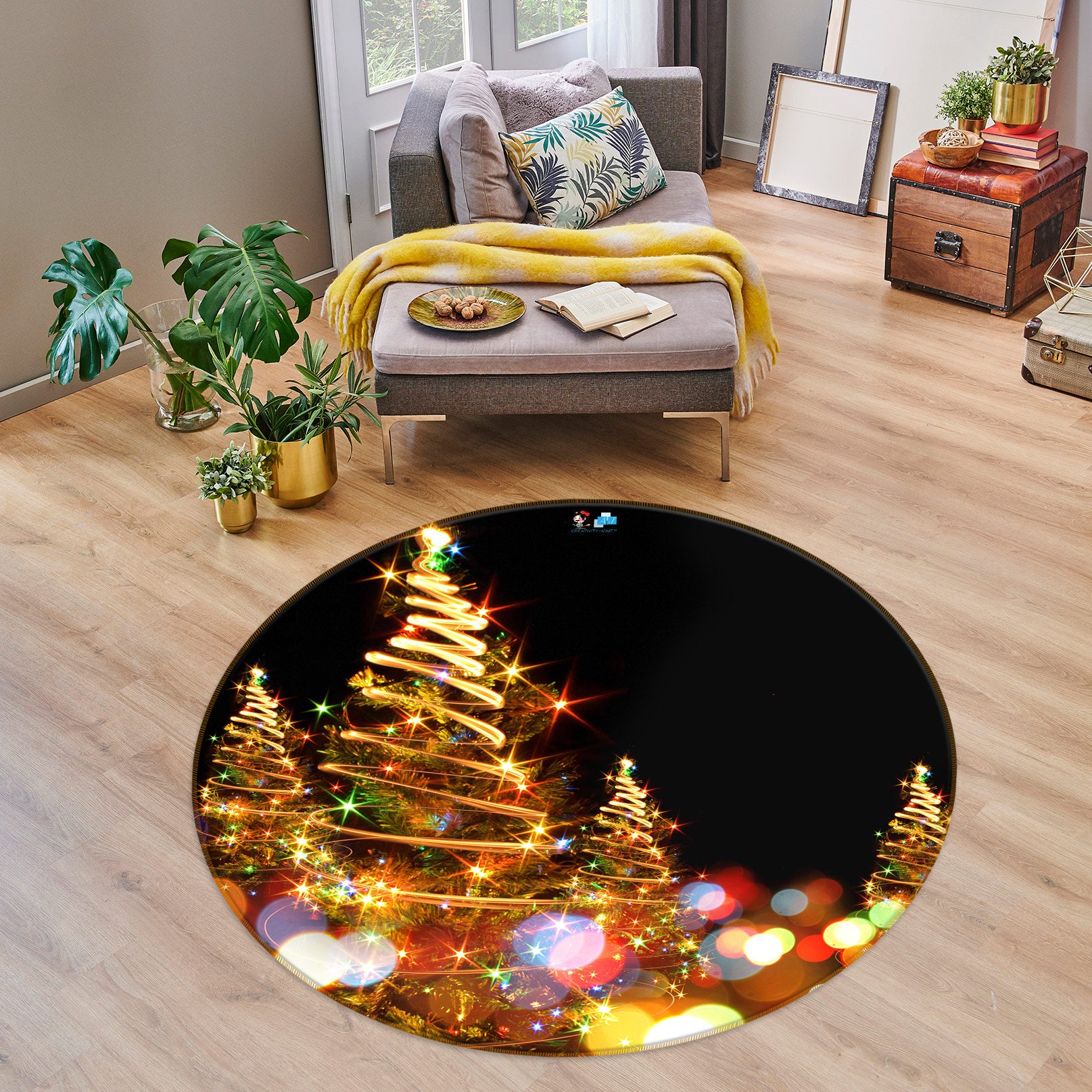 3D Colored Lights Tree 54006 Christmas Round Non Slip Rug Mat Xmas