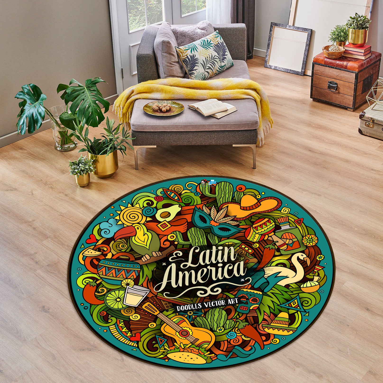 3D Guitar Green Plant Pattern 75003 Round Non Slip Rug Mat