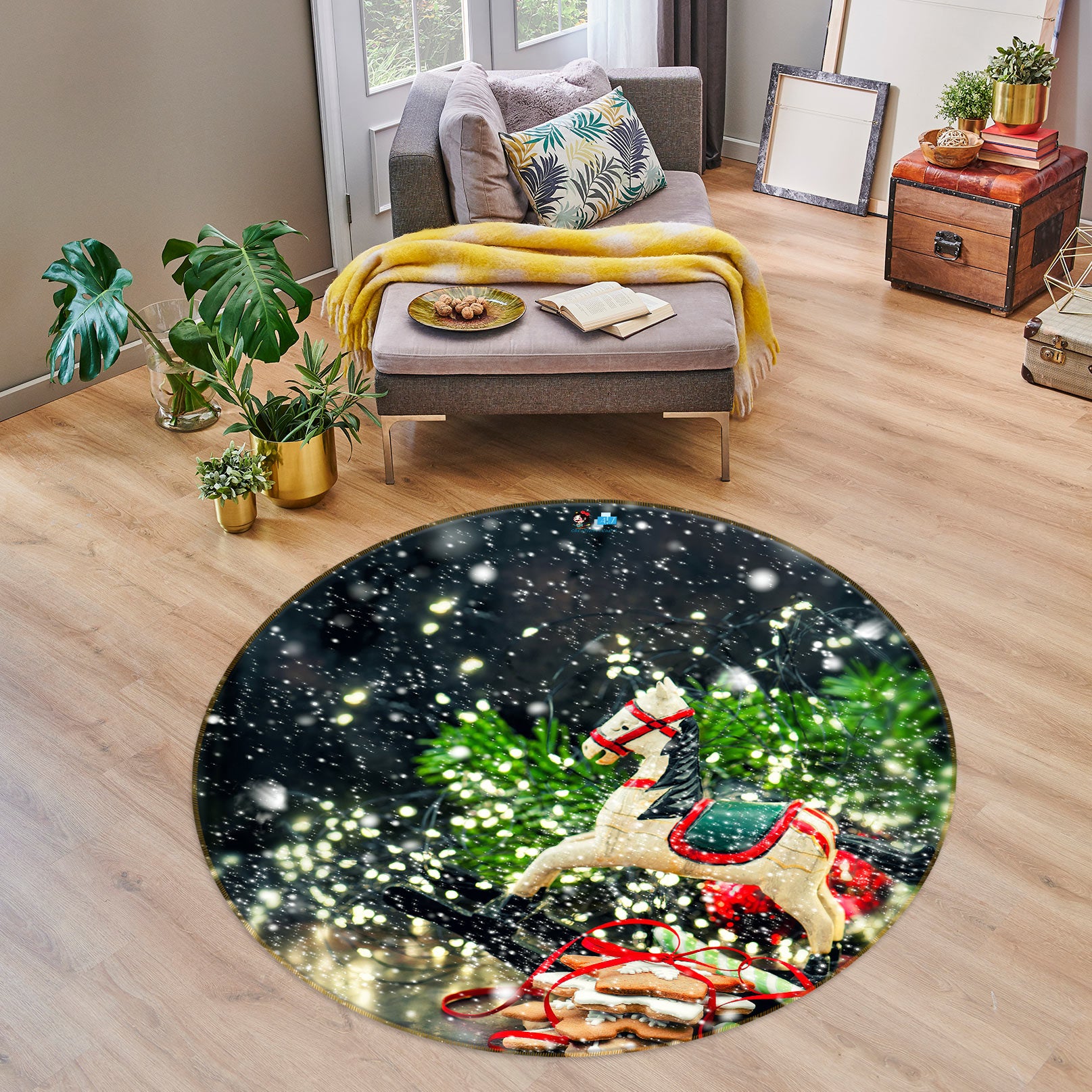 3D Trojan Horse 54025 Christmas Round Non Slip Rug Mat Xmas