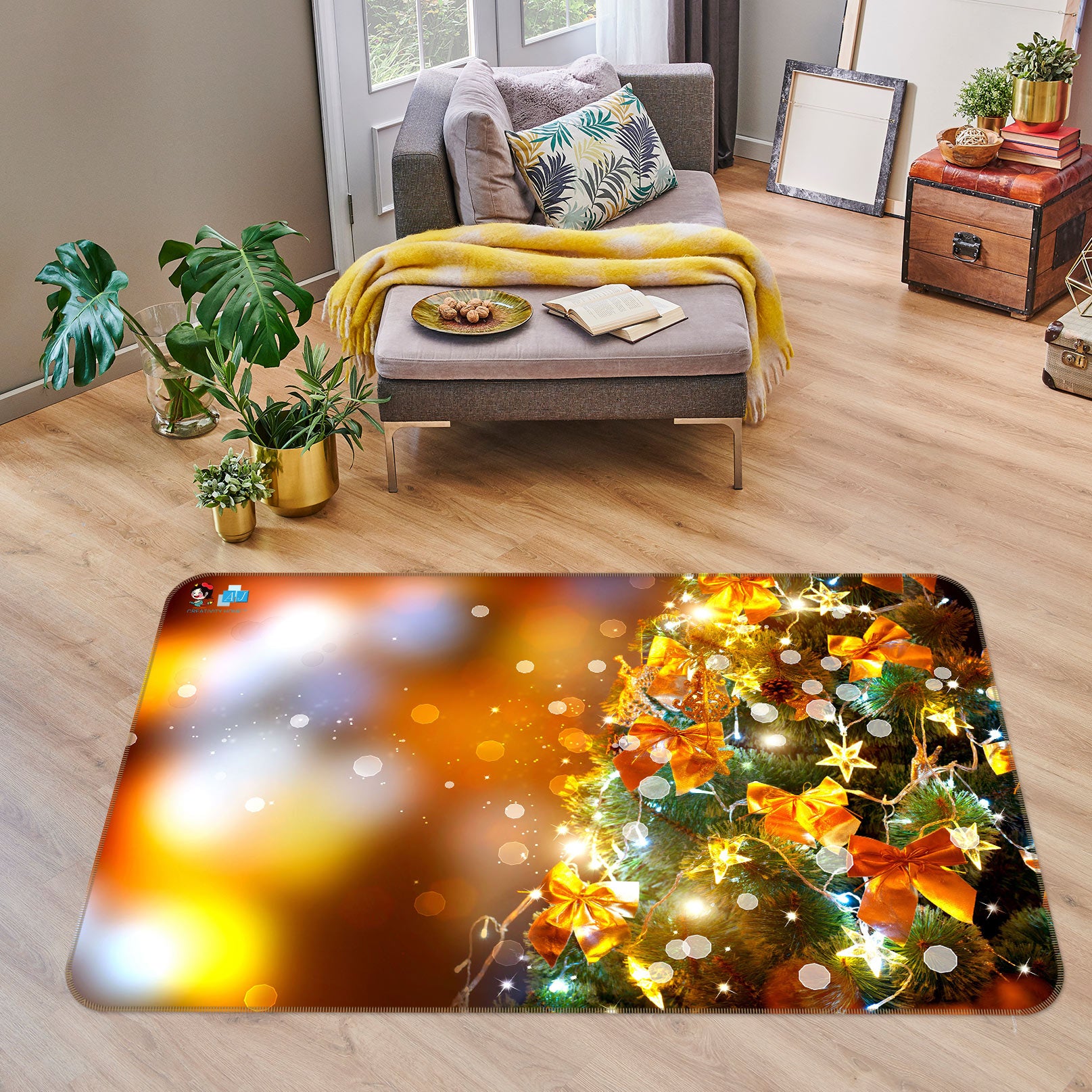 3D Tree Golden Bow 54220 Christmas Non Slip Rug Mat Xmas