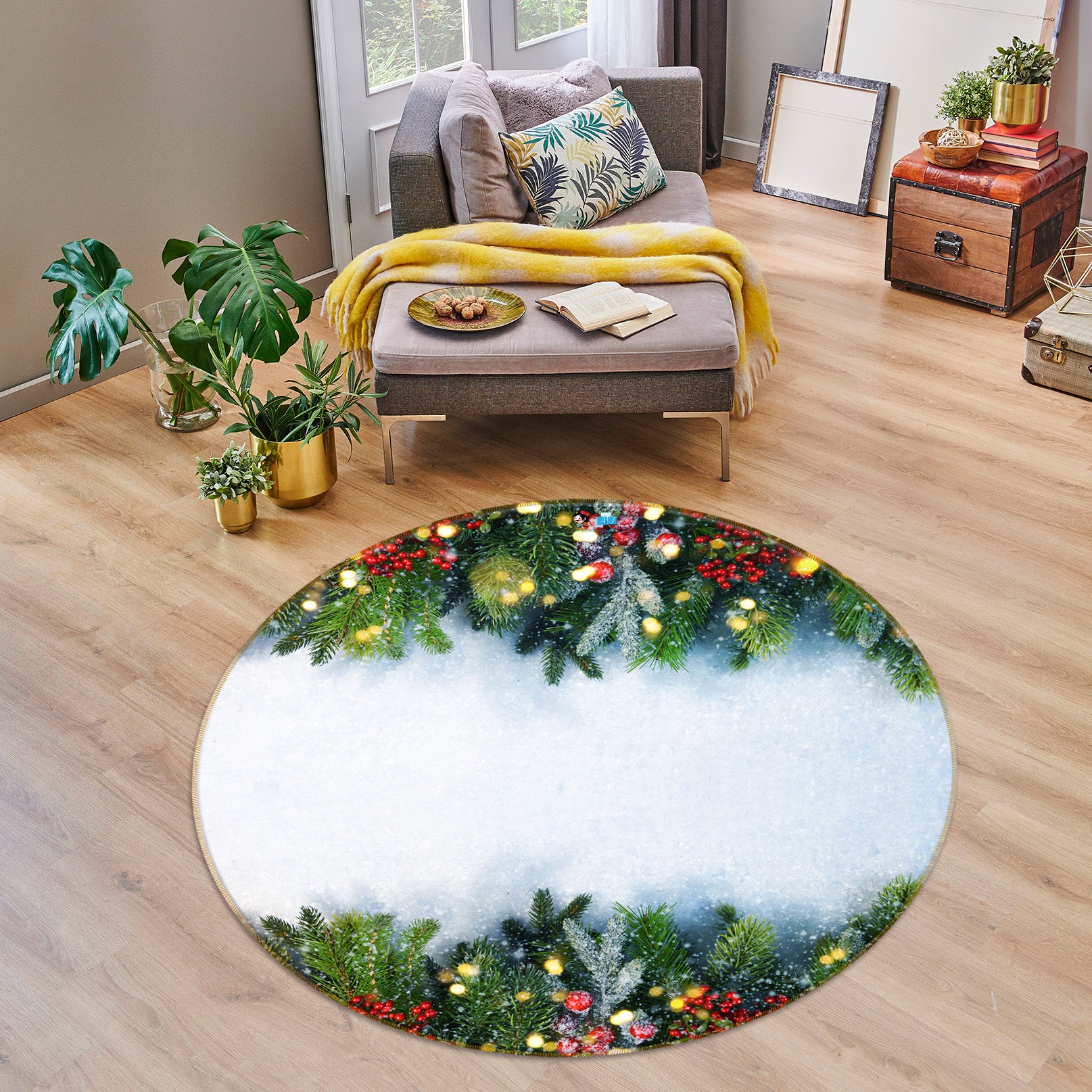 3D Branches 54162 Christmas Round Non Slip Rug Mat Xmas