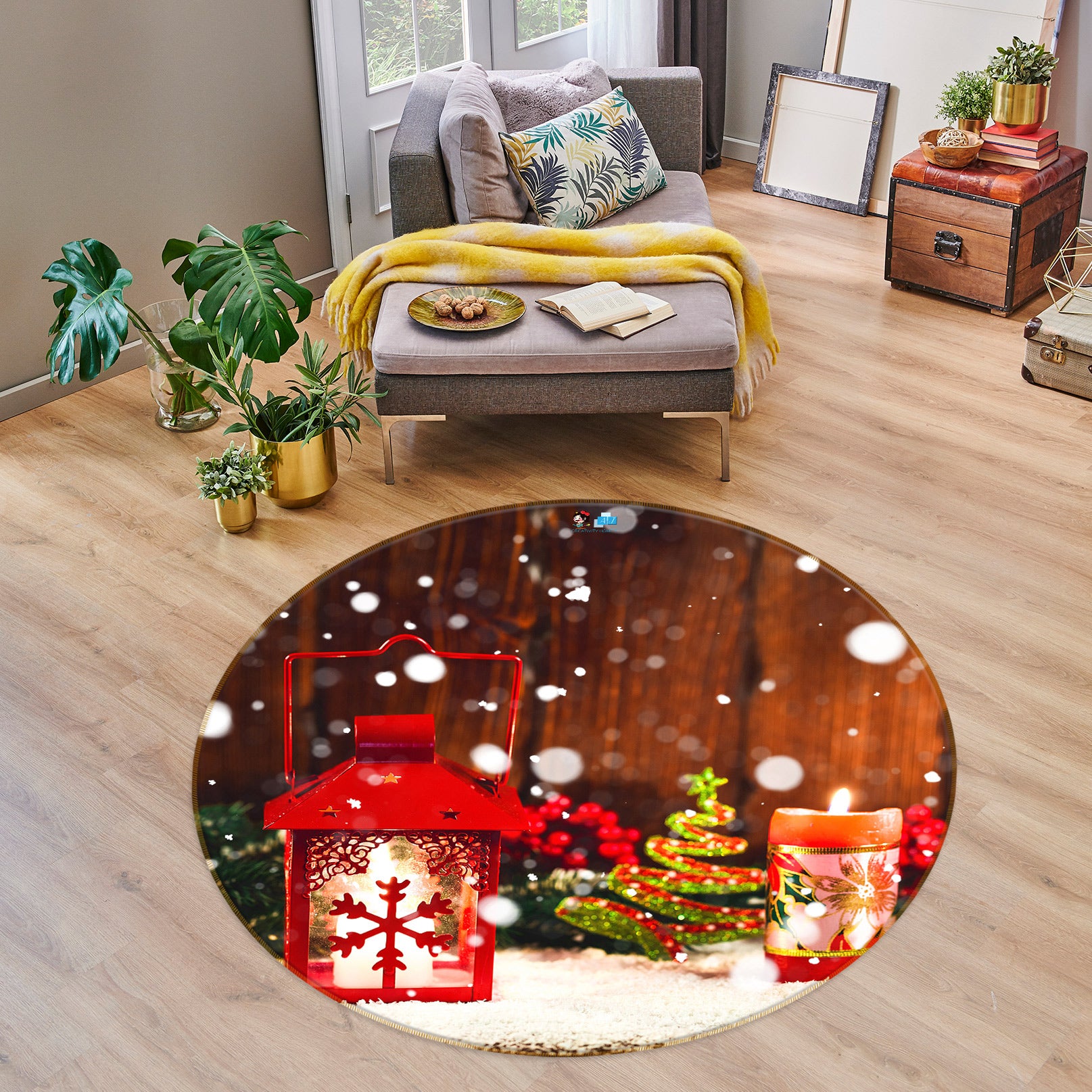3D Snowflake Candle 54059 Christmas Round Non Slip Rug Mat Xmas