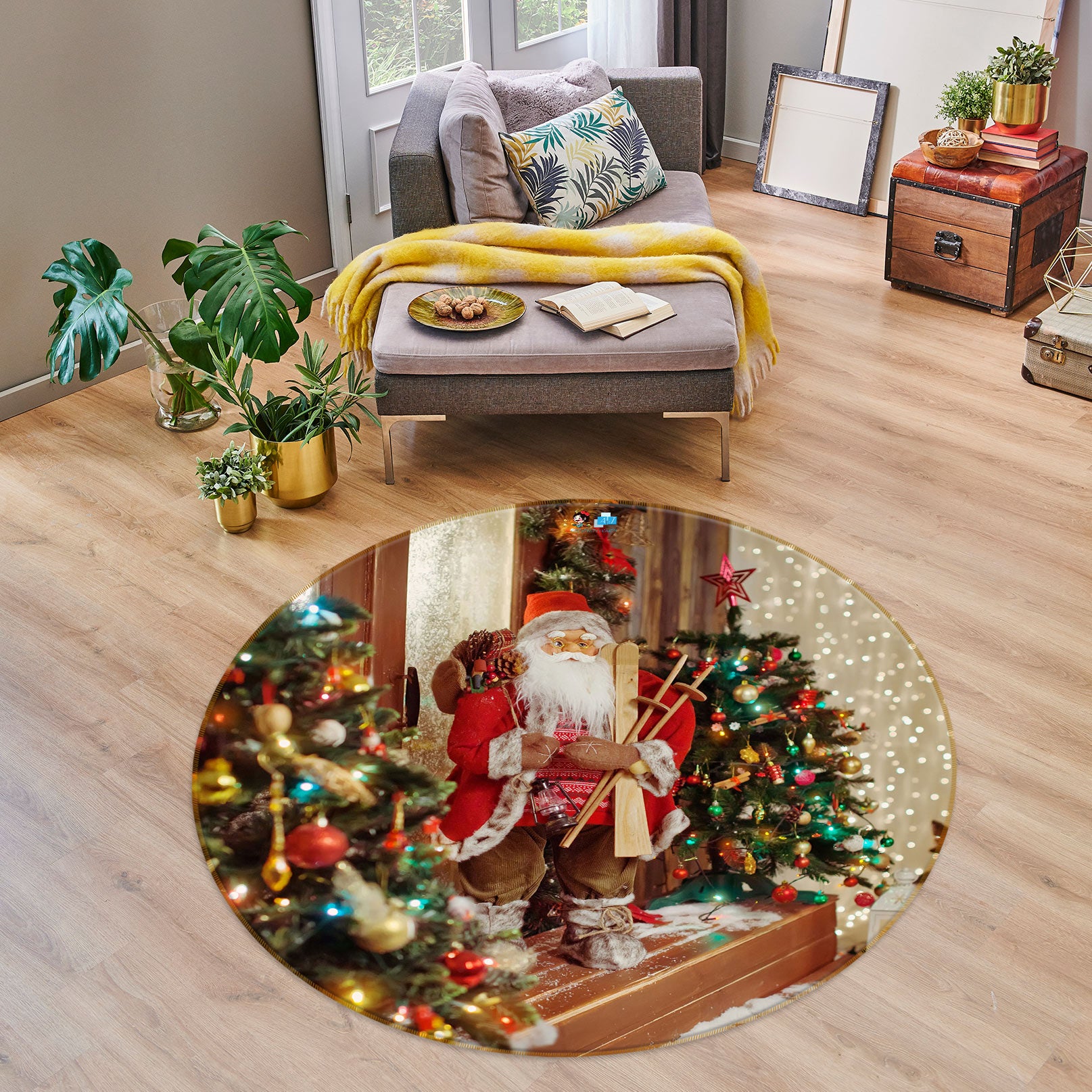 3D Tree Santa 54048 Christmas Round Non Slip Rug Mat Xmas