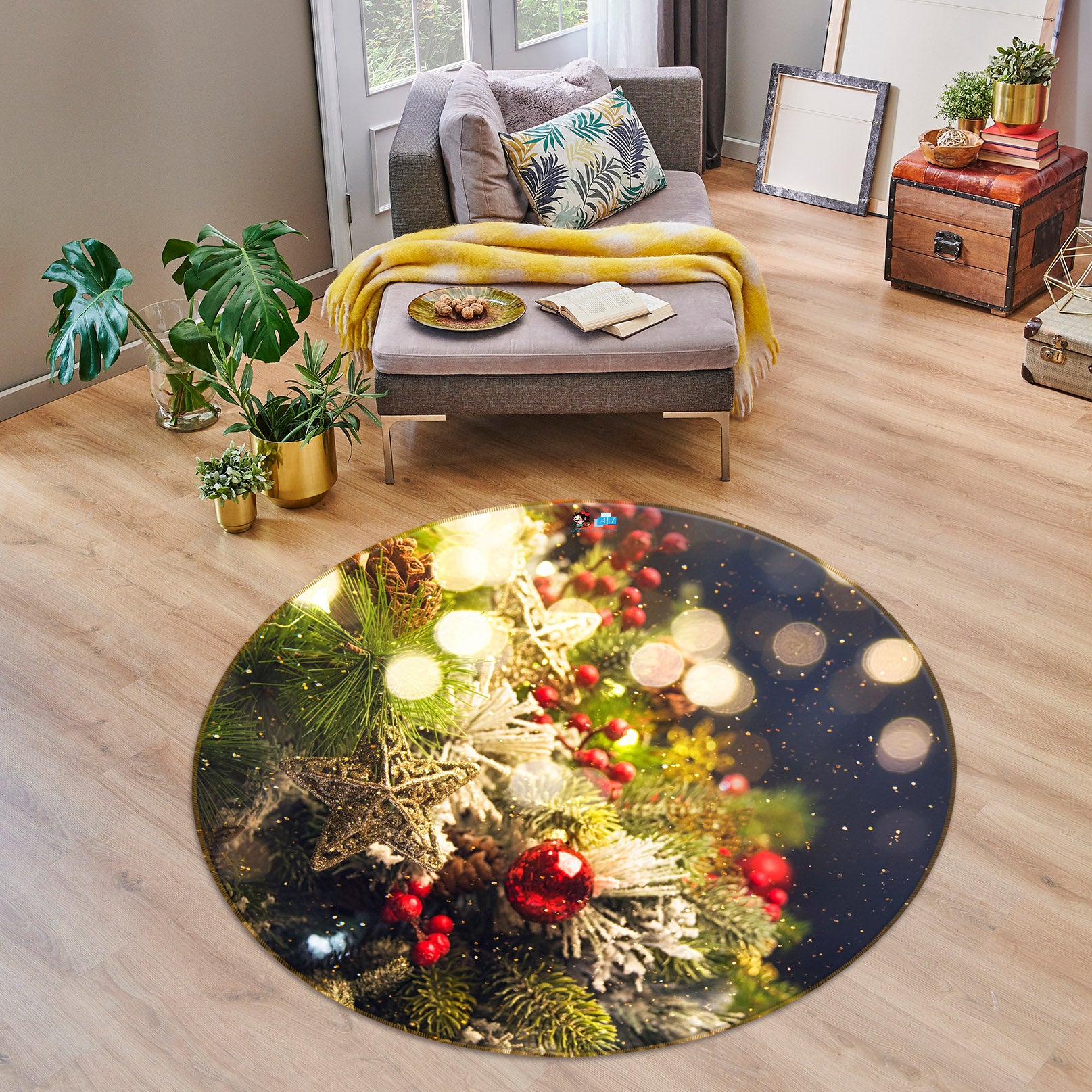 3D Tree Pendant 54193 Christmas Round Non Slip Rug Mat Xmas