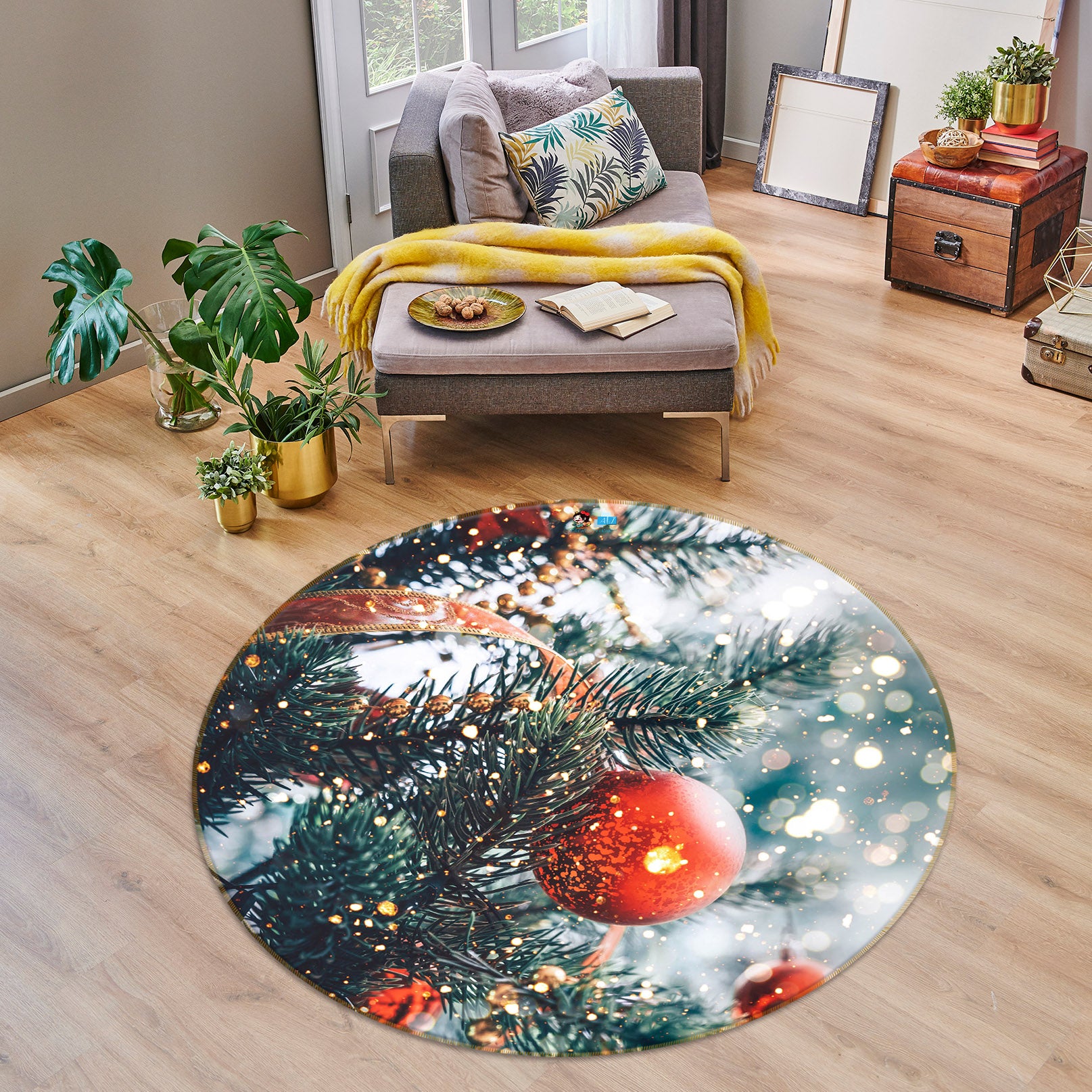 3D Branch Red Ball 75092 Round Non Slip Rug Mat