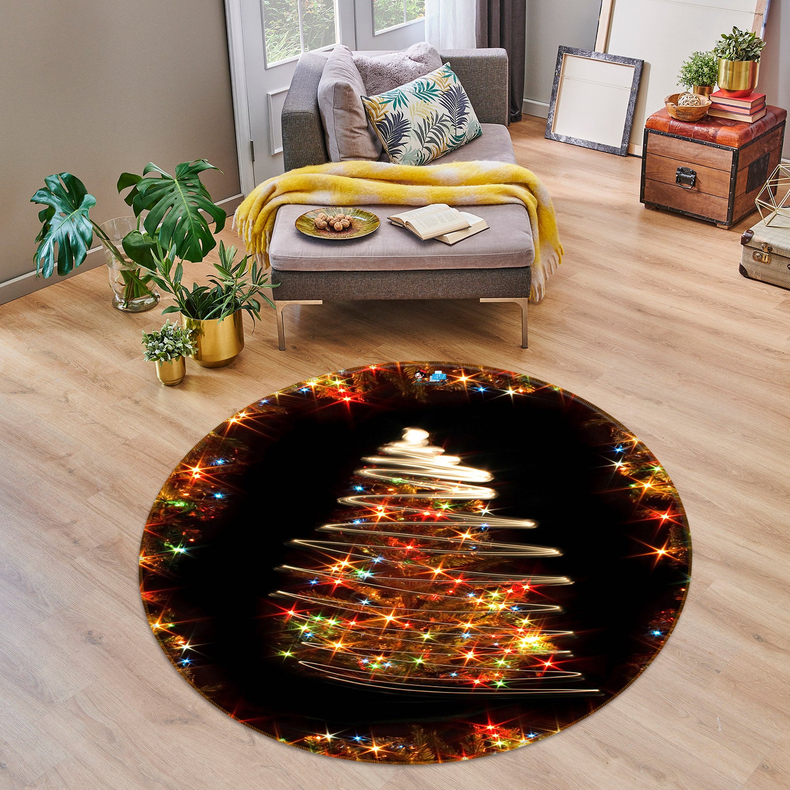 3D Color String Lights 54114 Christmas Round Non Slip Rug Mat Xmas