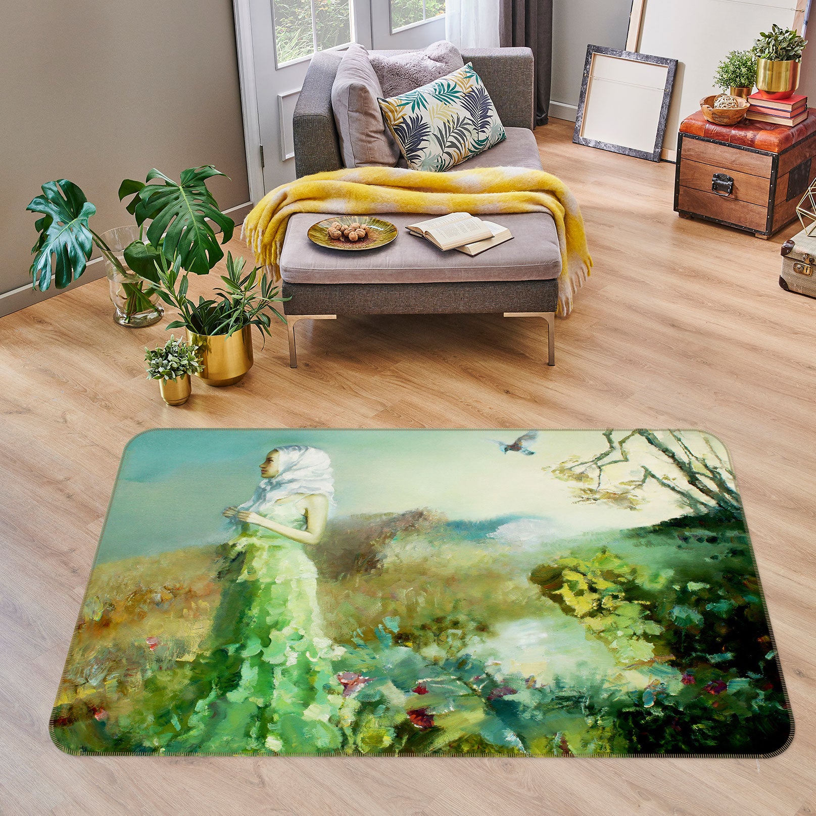 3D Oil Painting Flower Girl 76043 Non Slip Rug Mat